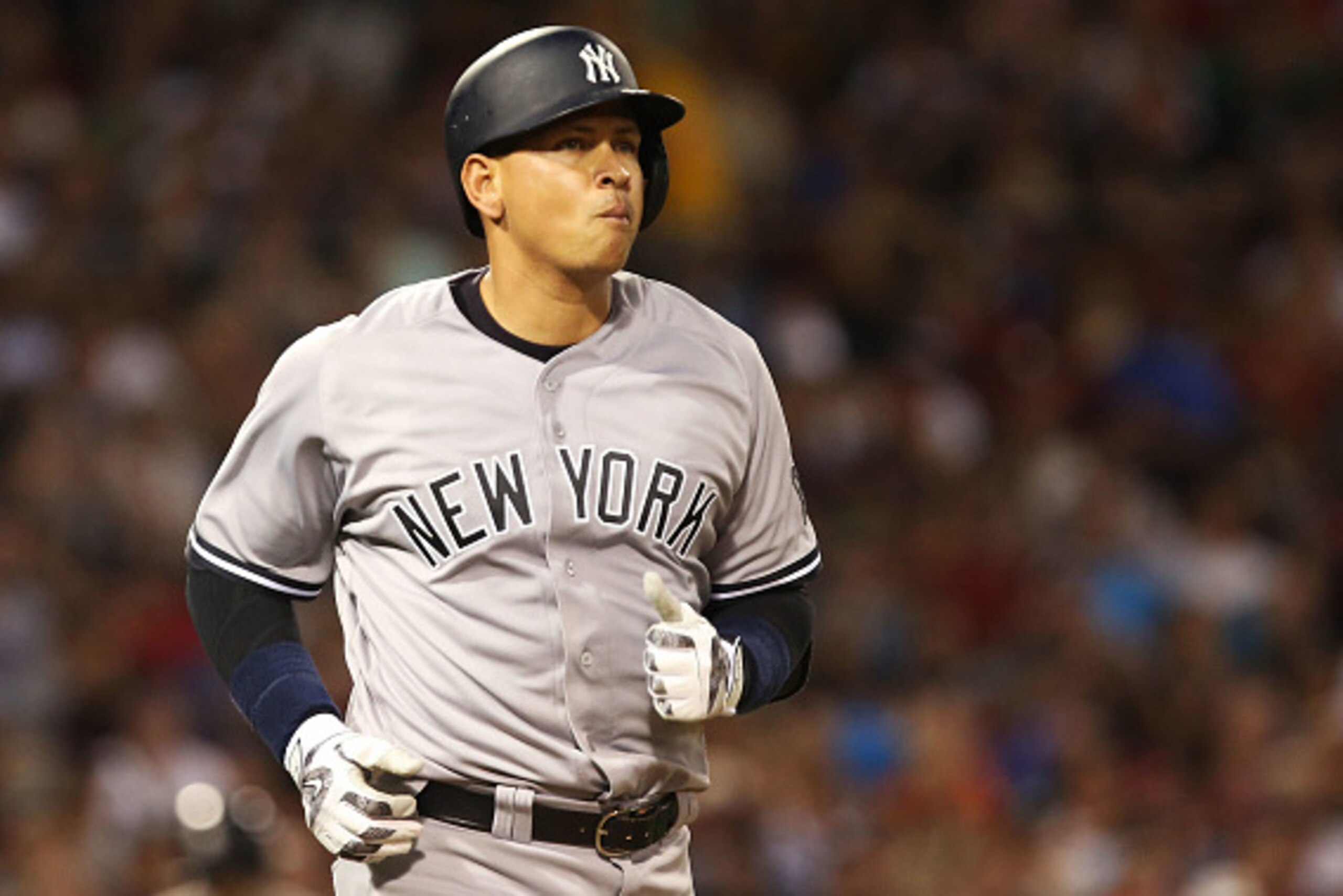 BOSTON, MA - AUGUST 11:  Alex Rodriguez #13 of the New York Yankees looks during the game against the Boston Red Sox at Fenway Park on August 11, 2016 in Boston, Massachusetts.  (Photo by Adam Glanzman/Getty Images)