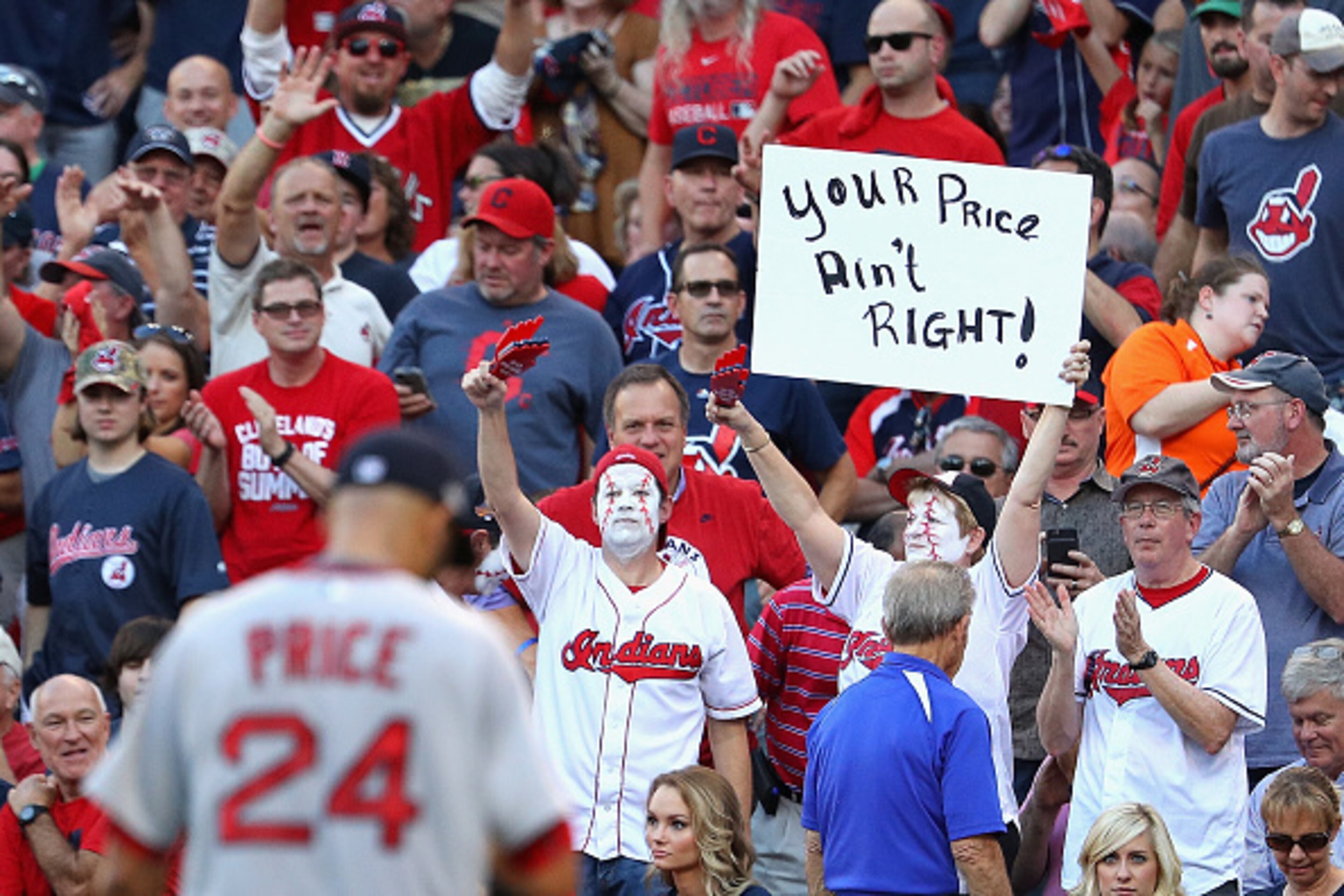 CLEVELAND, OH - OCTOBER 07: A fan holds a sign as David Price #24 of the Boston Red Sox is relieved in the fourth inning against the Cleveland Indians during game two of the American League Divison Series at Progressive Field on October 7, 2016 in Clevel CLEVELAND, OH - OCTOBER 07: A fan holds a sign as David Price #24 of the Boston Red Sox is relieved in the fourth inning against the Cleveland Indians during game two of the American League Divison Series at Progressive Field on October 7, 2016 in Clevel