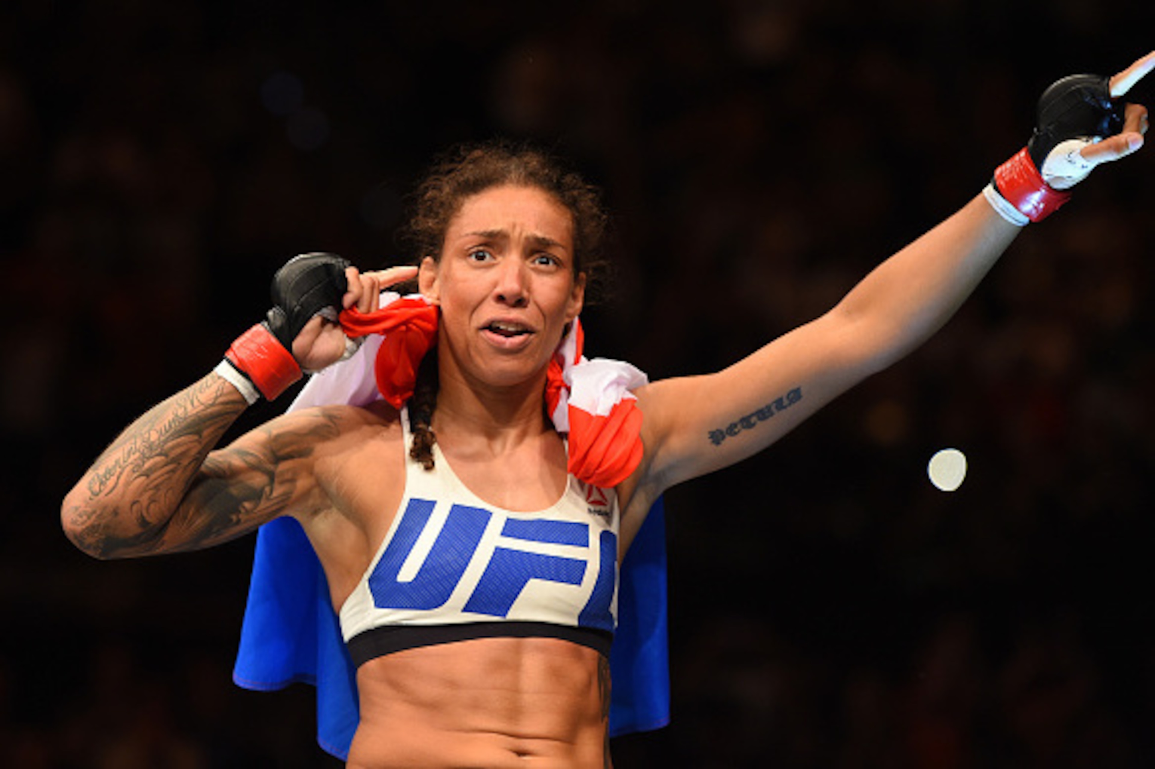 ROTTERDAM, NETHERLANDS - MAY 08:  Germaine de Randamie celebrates her victory over Anna Elmose in their women's bantamweight bout during the UFC Fight Night event at Ahoy Rotterdam on May 8, 2016 in Rotterdam, Netherlands. (Photo by Josh Hedges/Zuffa LLC/