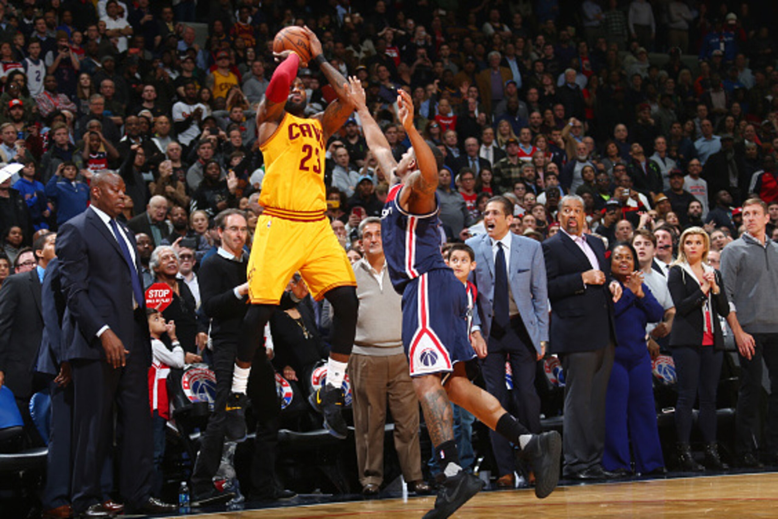 WASHINGTON, DC - FEBRUARY 6: LeBron James #23 of the Cleveland Cavaliers shoots the tie-winning shot during the game against the Washington Wizards on February 6, 2017 at Verizon Center in Washington, DC. NOTE TO USER: User expressly acknowledges and agre