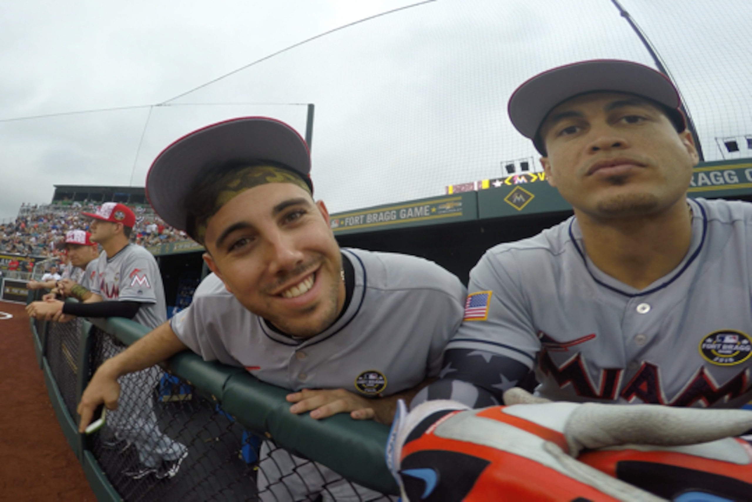 Fernandez and Stanton mug for the camera during a Marlins game played at Fort Bragg in North Carolina last July 3.