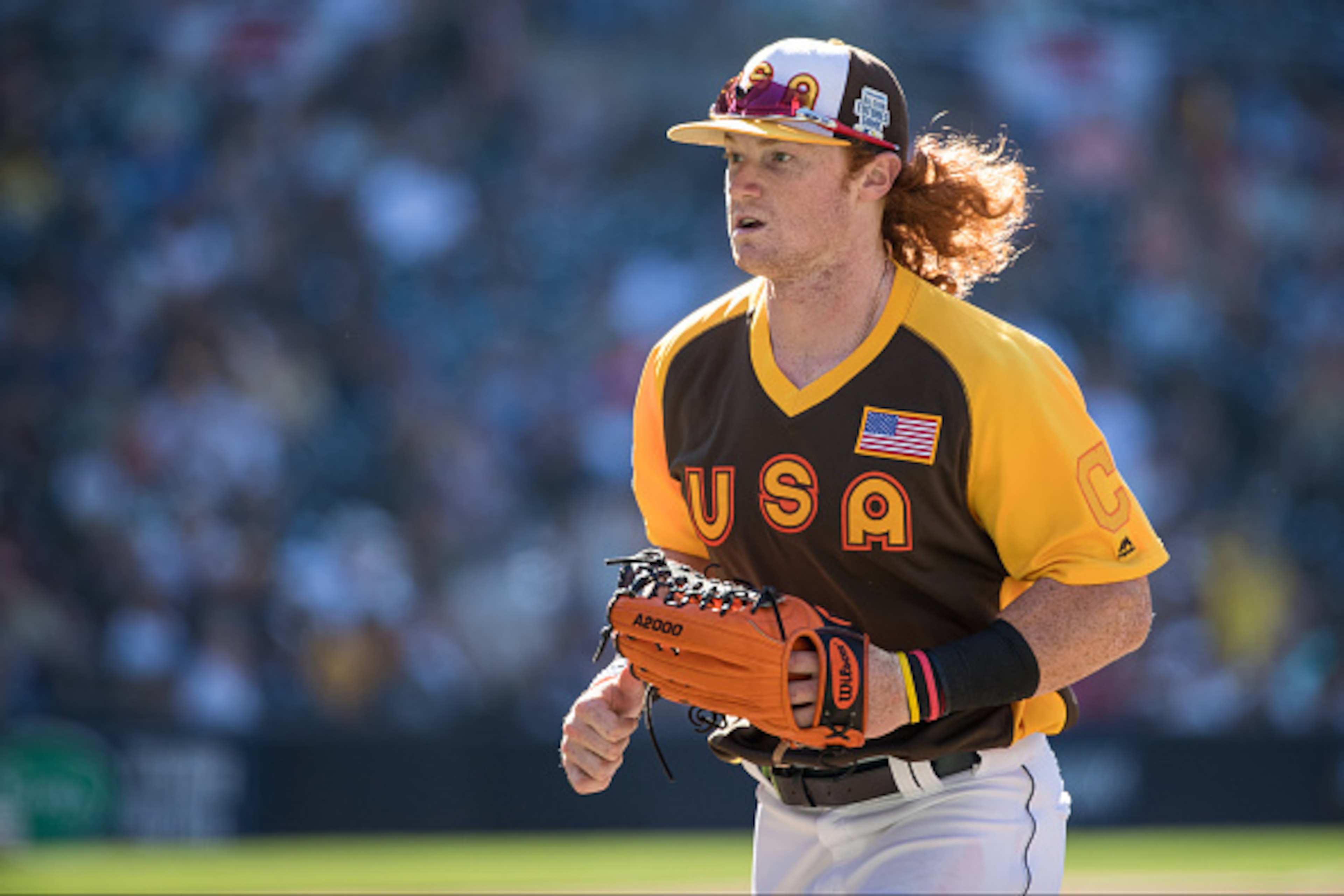 SAN DIEGO, CA - JULY 10: Clint Frazier #4 of the Cleveland Indians and Team USA looks on during the SiriusXM All-Star Futures Game Petco Park on Tuesday, July 10, 2016 in San Diego, California. (Photo by Brace Hemmelgarn/Minnesota Twins/Getty Images)