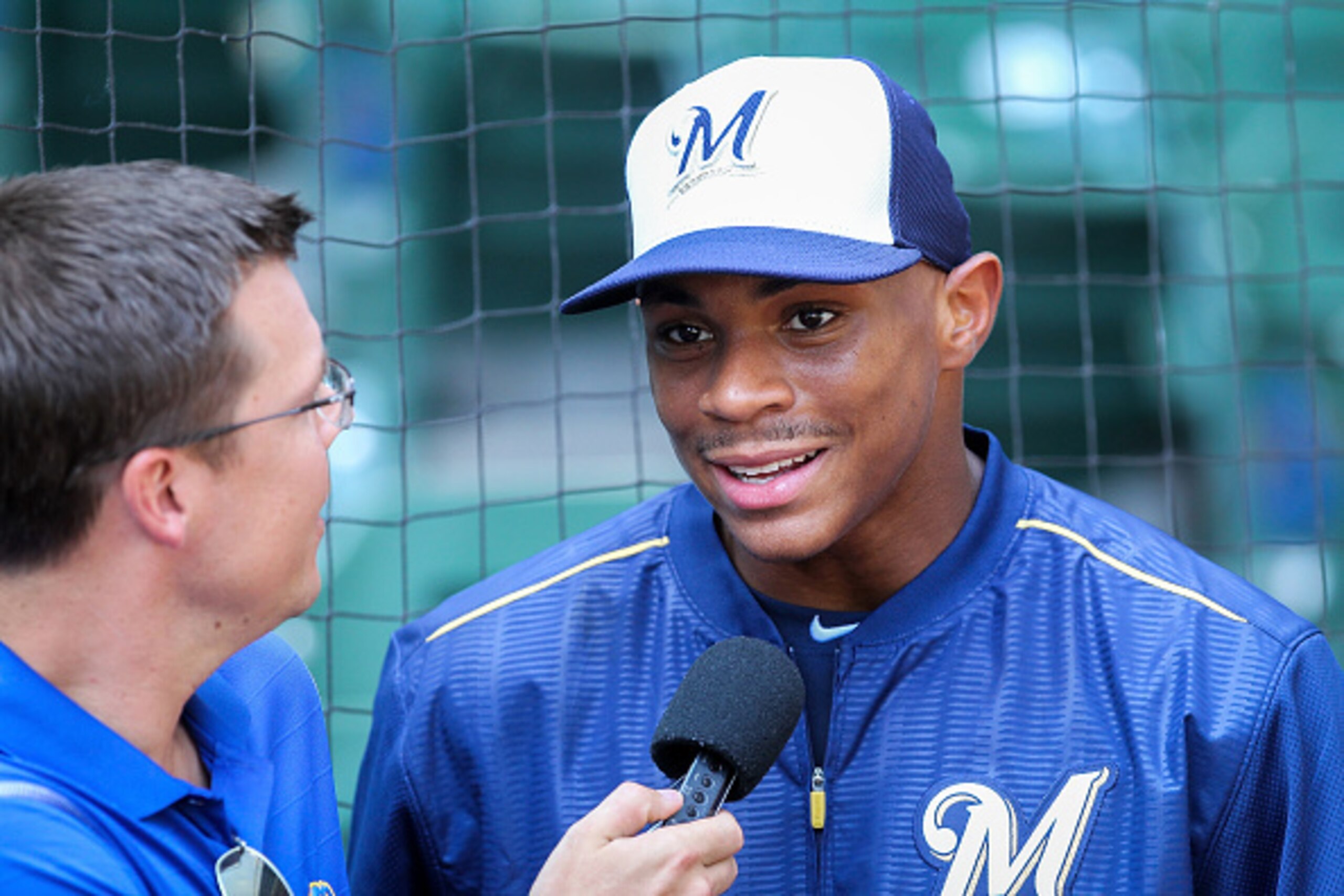 MILWAUKEE, WI - JUNE 25:  2016 first round draft pick Corey Ray is interviewed before the game against the Washington Nationals at Miller Park on June 25, 2016 in Milwaukee, Wisconsin. (Photo by Dylan Buell/Getty Images)