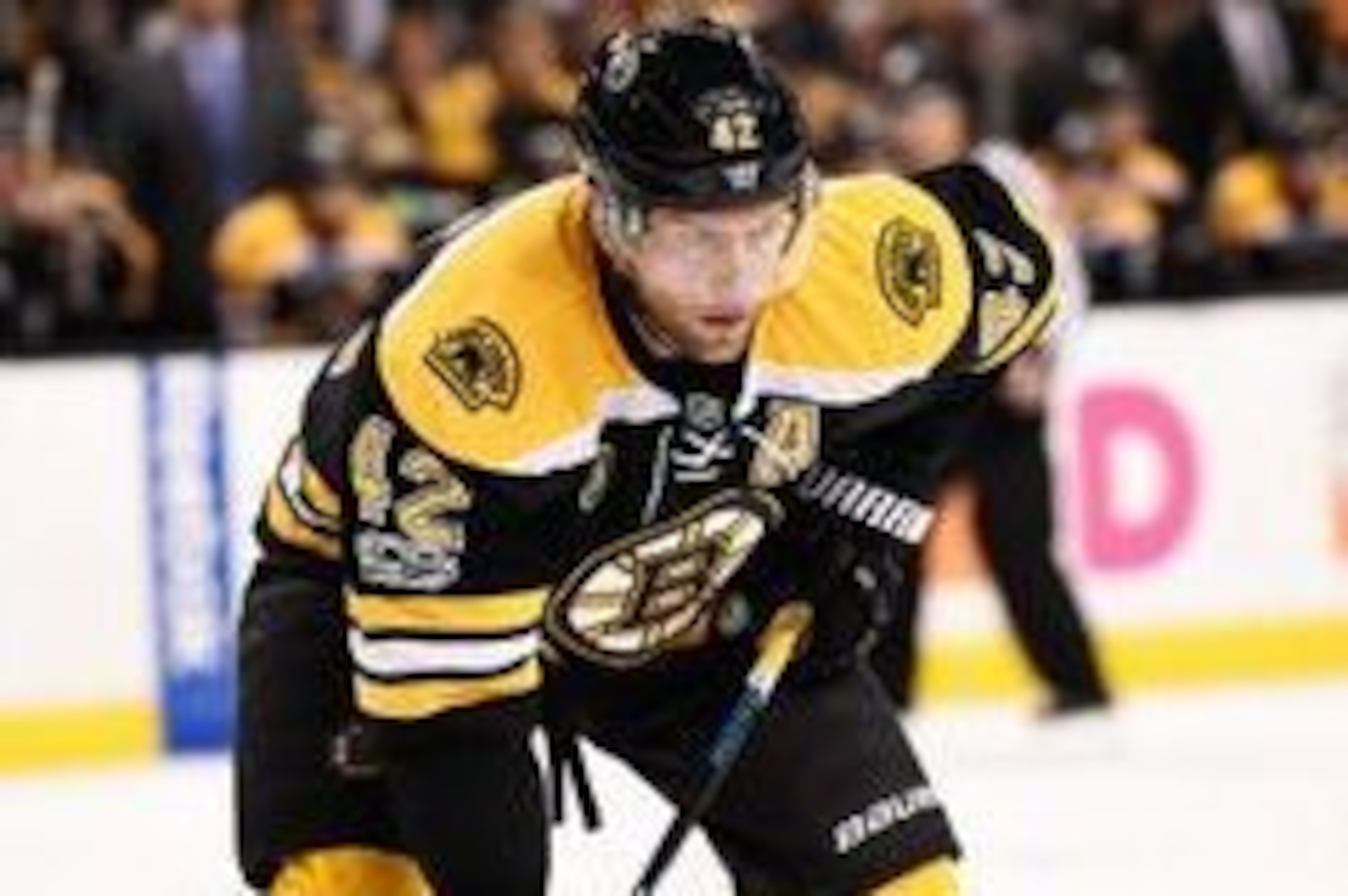 Jan 14, 2017; Boston, MA, USA; Boston Bruins right wing David Backes (42) gets set for a face off during the second period against the Philadelphia Flyers at TD Garden. Mandatory Credit: Bob DeChiara-USA TODAY Sports