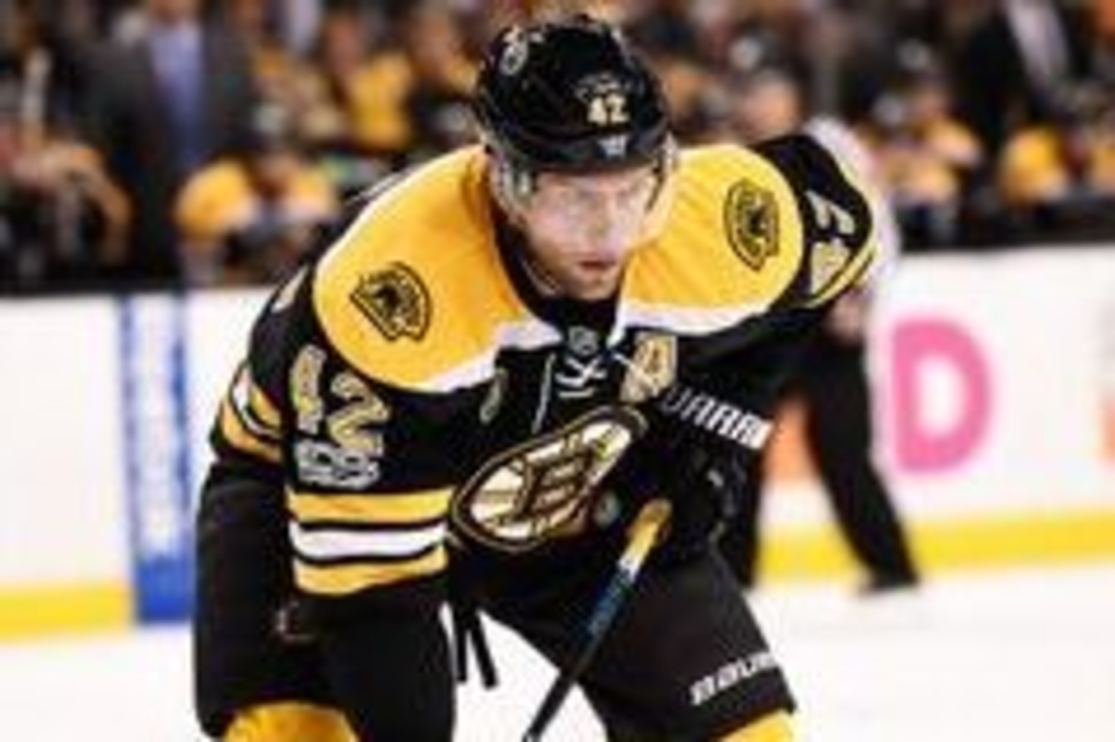 Jan 14, 2017; Boston, MA, USA; Boston Bruins right wing David Backes (42) gets set for a face off during the second period against the Philadelphia Flyers at TD Garden. Mandatory Credit: Bob DeChiara-USA TODAY Sports