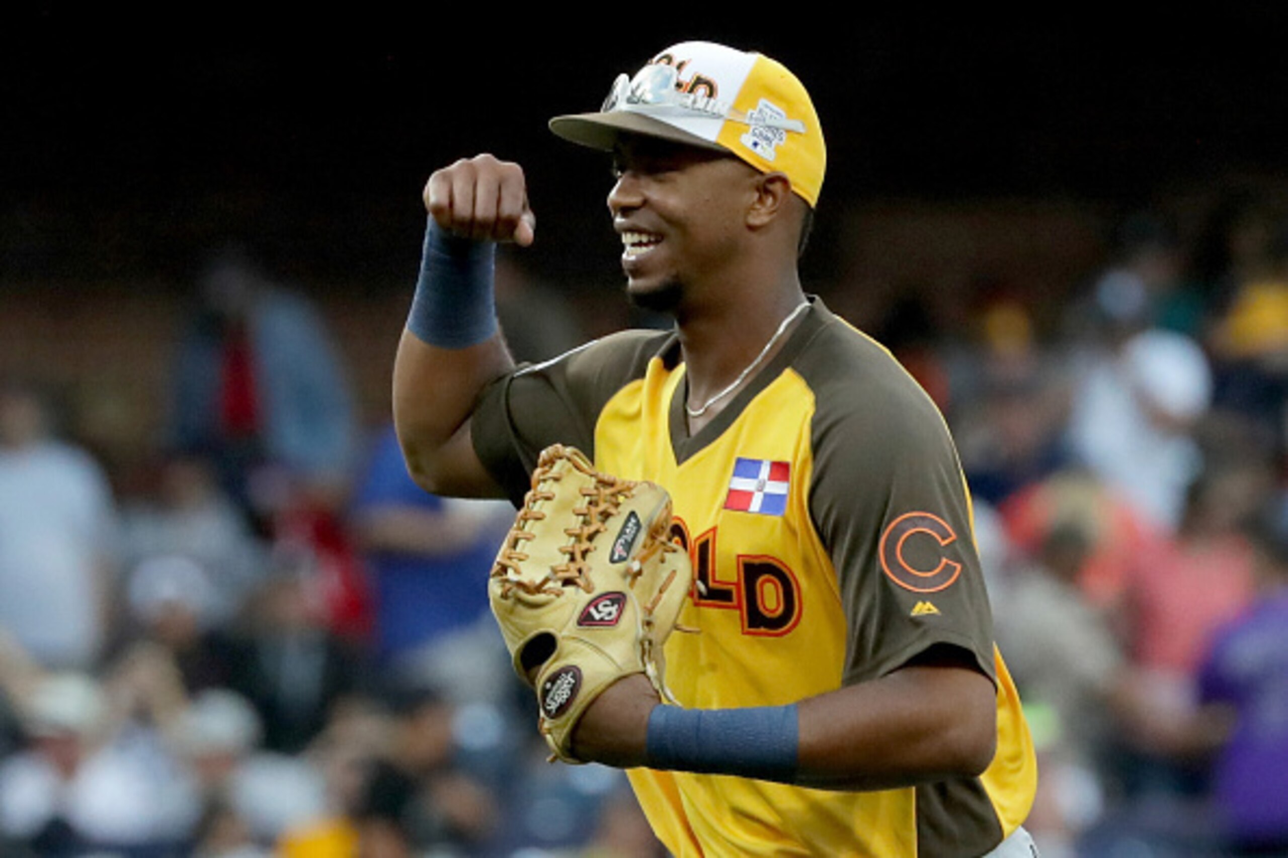 SAN DIEGO, CA - JULY 10:  Eloy Jimenez #27 of the Chicago Cubs and the World Team celebrates after defeating the U.S. Team in the SiriusXM All-Star Futures Game at PETCO Park on July 10, 2016 in San Diego, California.  (Photo by Sean M. Haffey/Getty Image