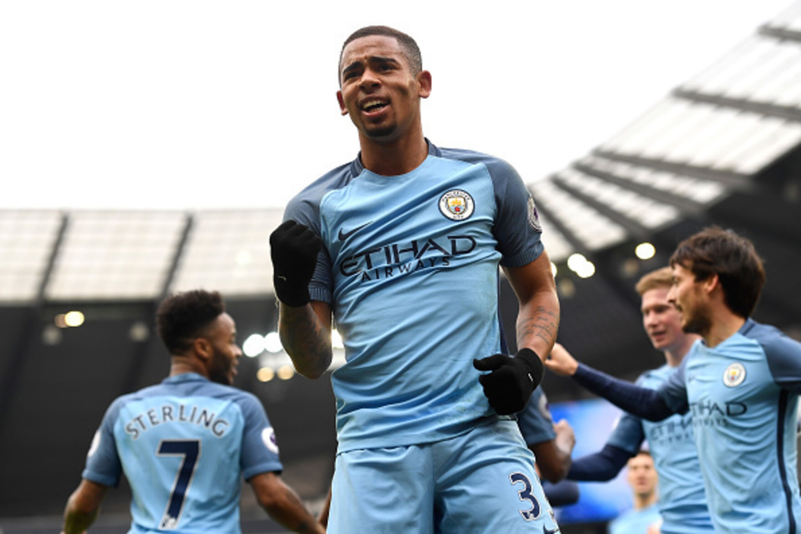 MANCHESTER, ENGLAND - FEBRUARY 05:  Gabriel Jesus of Manchester City celebrates scoring his sides first goal  during the Premier League match between Manchester City and Swansea City at Etihad Stadium on February 5, 2017 in Manchester, England.  (Photo by