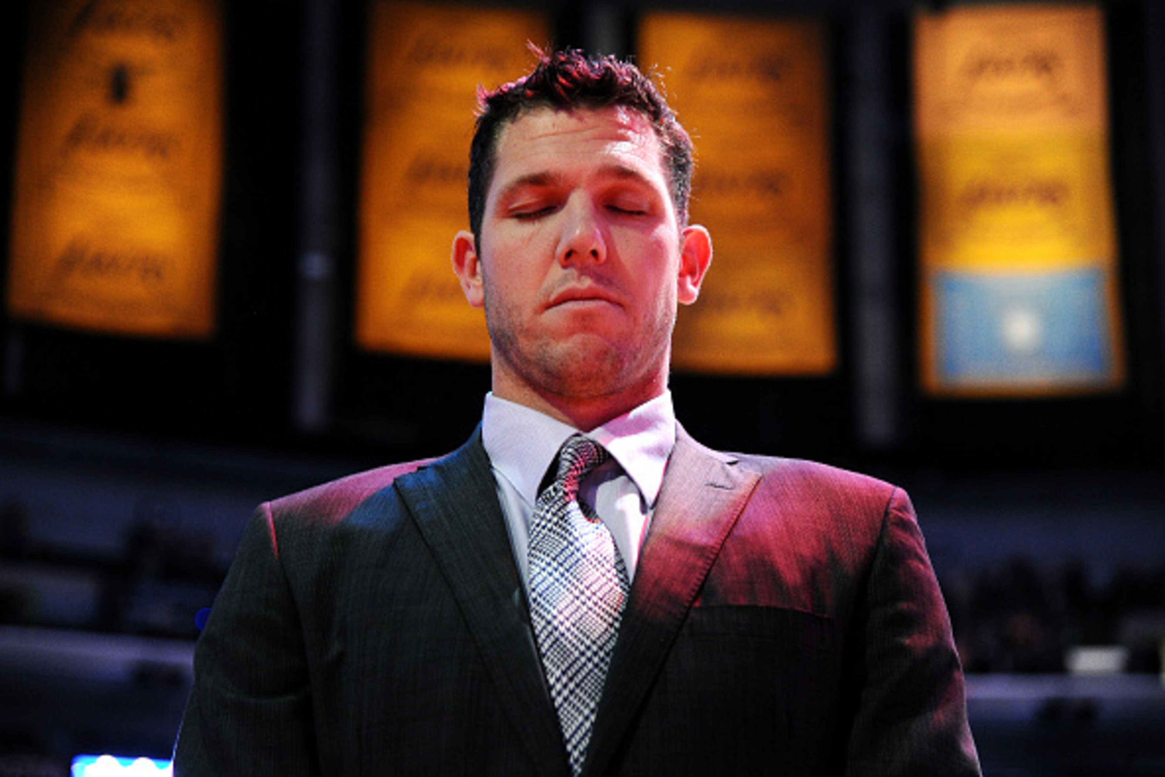 LOS ANGELES, CA - JANUARY 8: Luke Walton of the Los Angeles Lakers stands for a moment of silence for the National Anthem before the game against the Orlando Magic on January 8, 2017 at STAPLES Center in Los Angeles, California. NOTE TO USER: User express LOS ANGELES, CA - JANUARY 8: Luke Walton of the Los Angeles Lakers stands for a moment of silence for the National Anthem before the game against the Orlando Magic on January 8, 2017 at STAPLES Center in Los Angeles, California. NOTE TO USER: User express