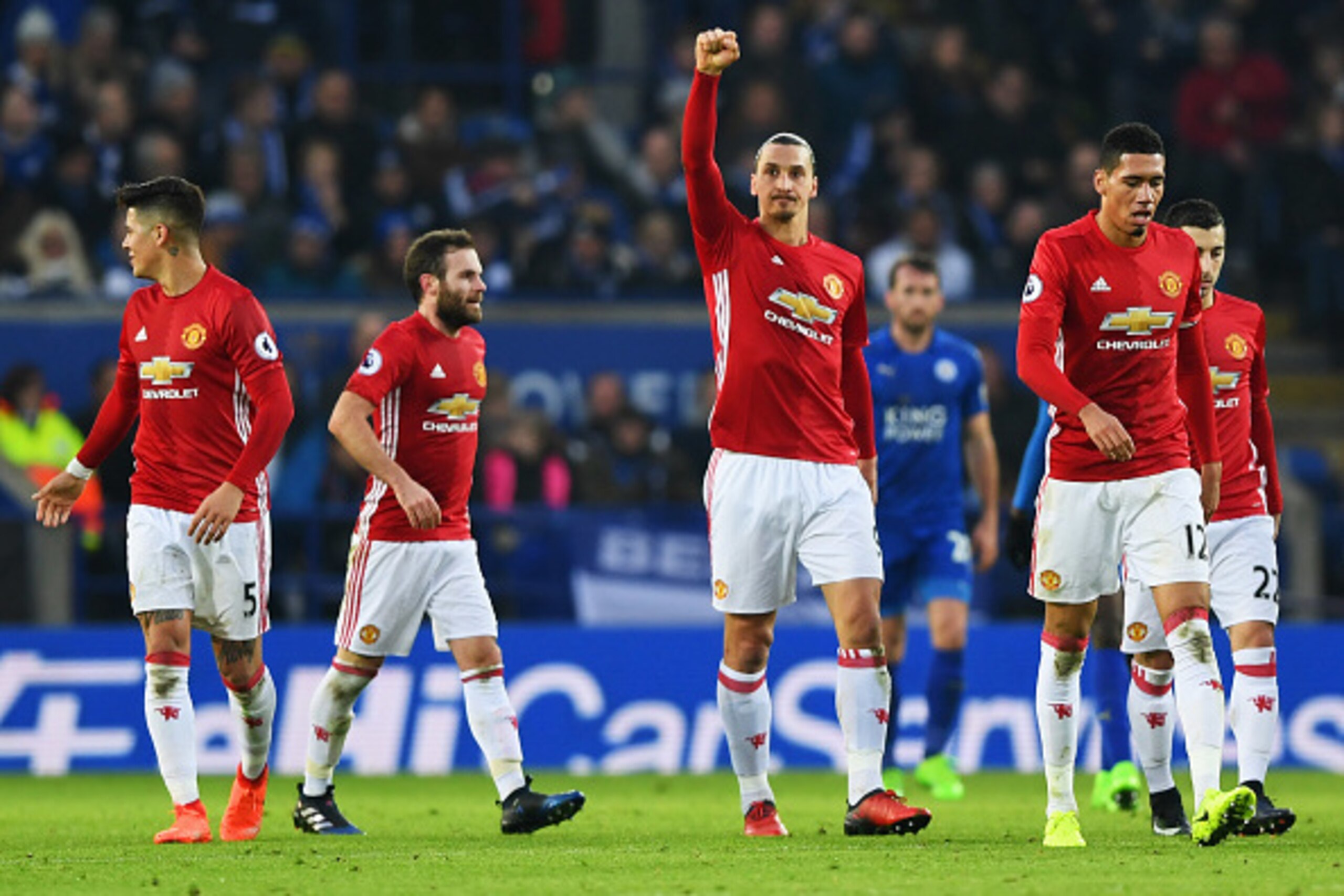 LEICESTER, ENGLAND - FEBRUARY 05:  Zlatan Ibrahimovic of Manchester United (C) celebrates with team mates as he scores their second goal during the Premier League match between Leicester City and Manchester United at The King Power Stadium on February 5, 