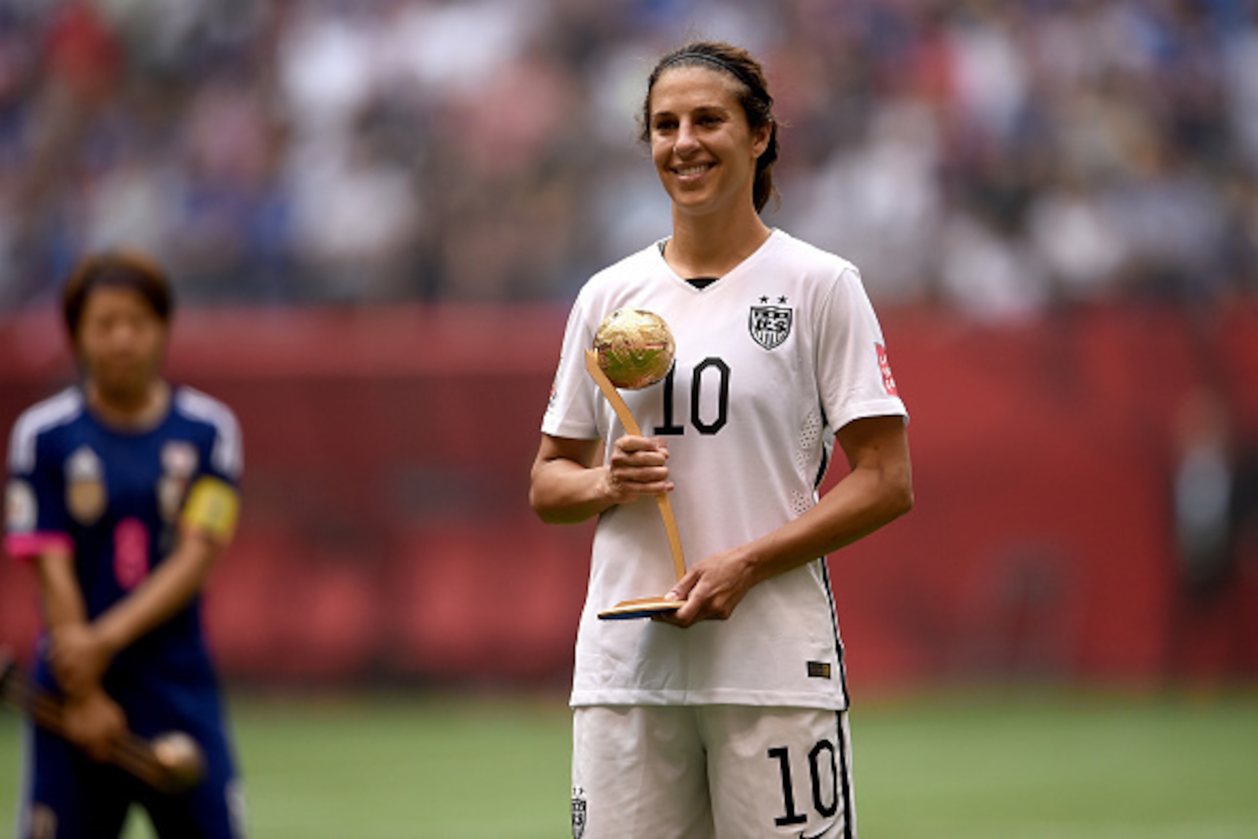 VANCOUVER, BC - JULY 05:  Carli Lloyd #10 of the United States poses after winning the Golden Ball during the FIFA Women's World Cup Canada 2015 Final at BC Place Stadium on July 5, 2015 in Vancouver, Canada.  (Photo by Dennis Grombkowski/Getty Images)