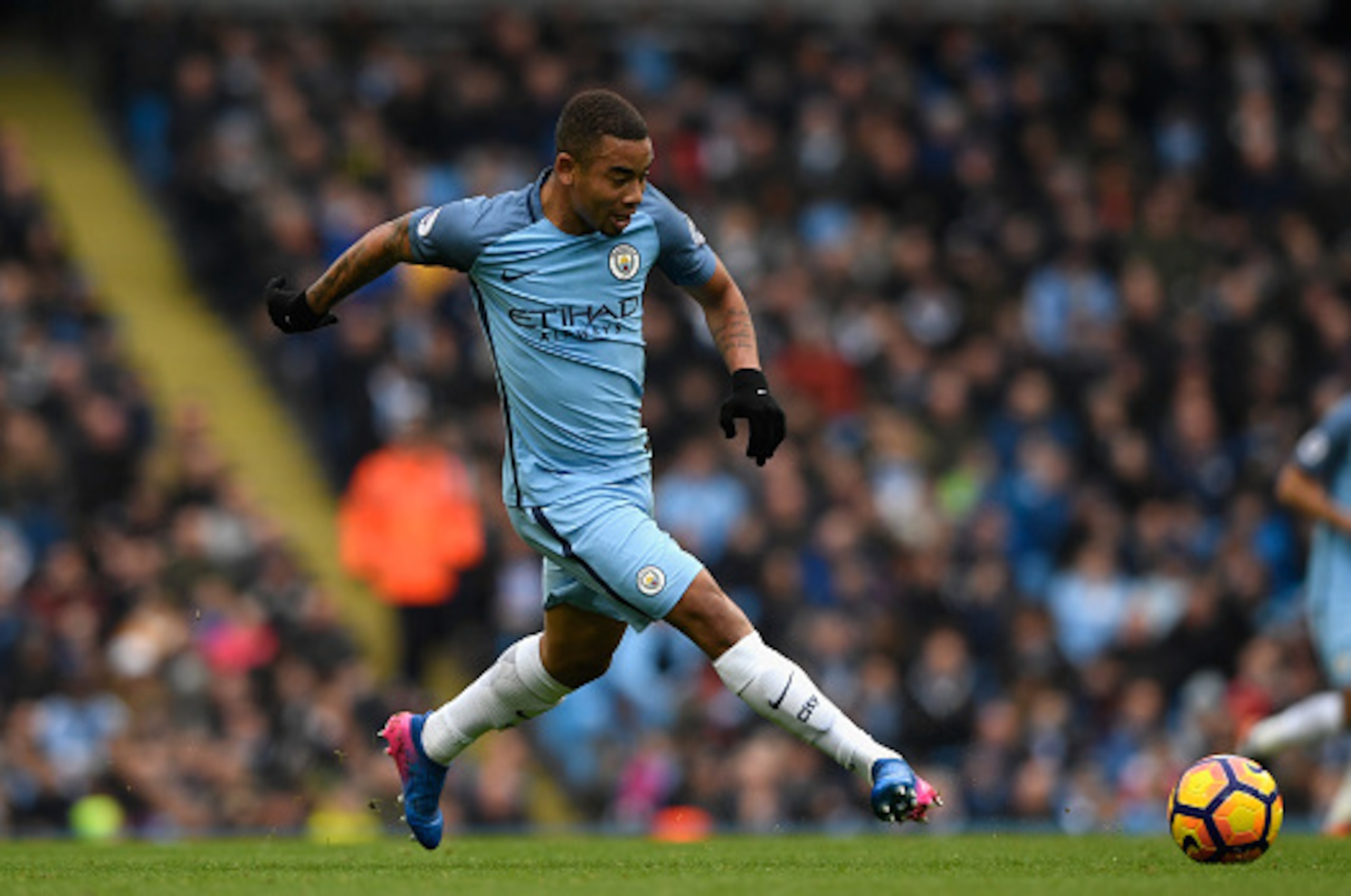 MANCHESTER, ENGLAND - FEBRUARY 05: Manchester City player Gabriel Jesus in action during the Premier League match between Manchester City and Swansea City at Etihad Stadium on February 5, 2017 in Manchester, England. (Photo by Stu Forster/Getty Images) MANCHESTER, ENGLAND - FEBRUARY 05: Manchester City player Gabriel Jesus in action during the Premier League match between Manchester City and Swansea City at Etihad Stadium on February 5, 2017 in Manchester, England. (Photo by Stu Forster/Getty Images)