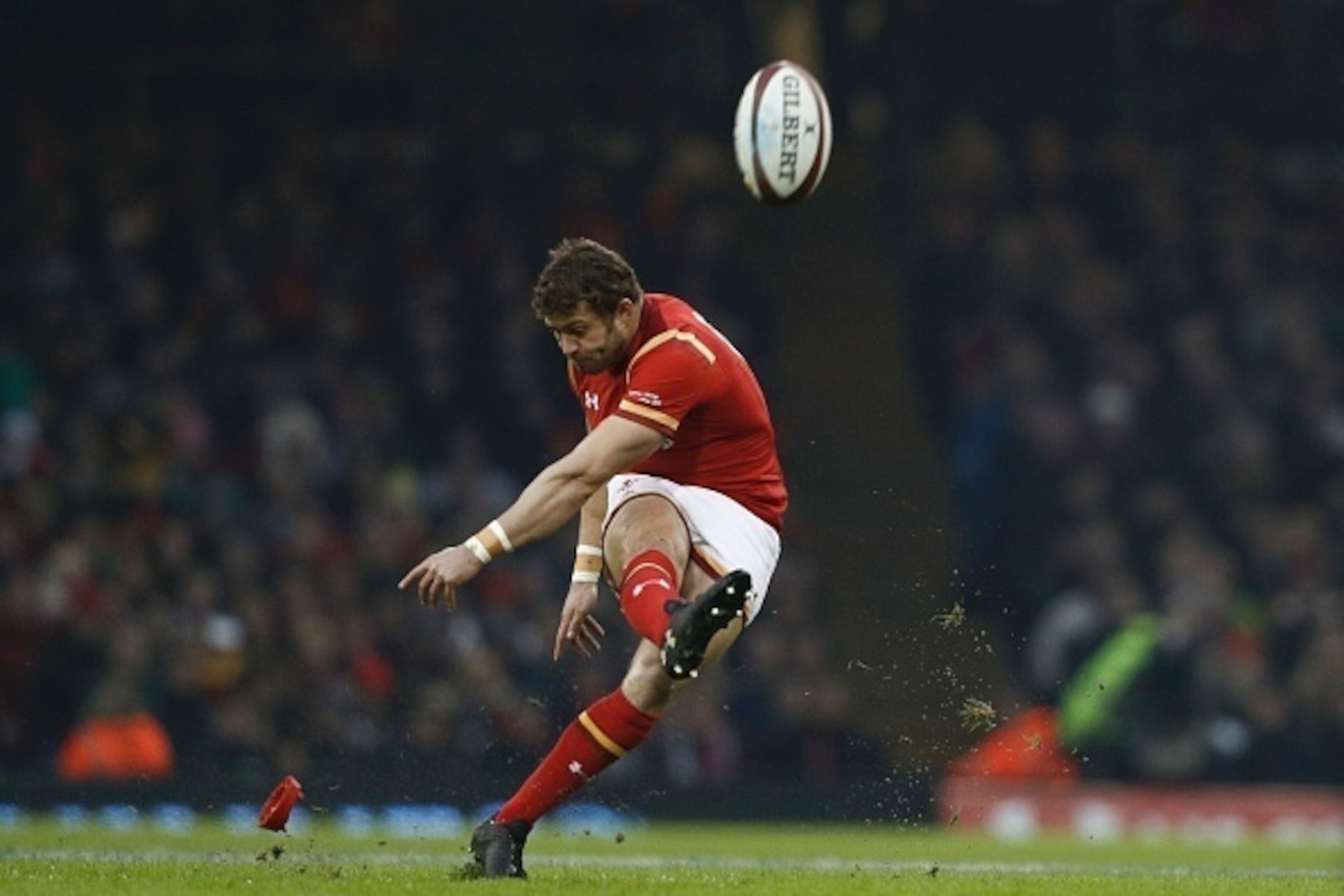 Wales' full back Leigh Halfpenny scores from a penalty kick during the Six Nations international rugby union match between Wales and England at the Principality Stadium in Cardiff, south Wales, on February 11, 2017. / AFP / Adrian DENNIS / RESTRICTED TO E