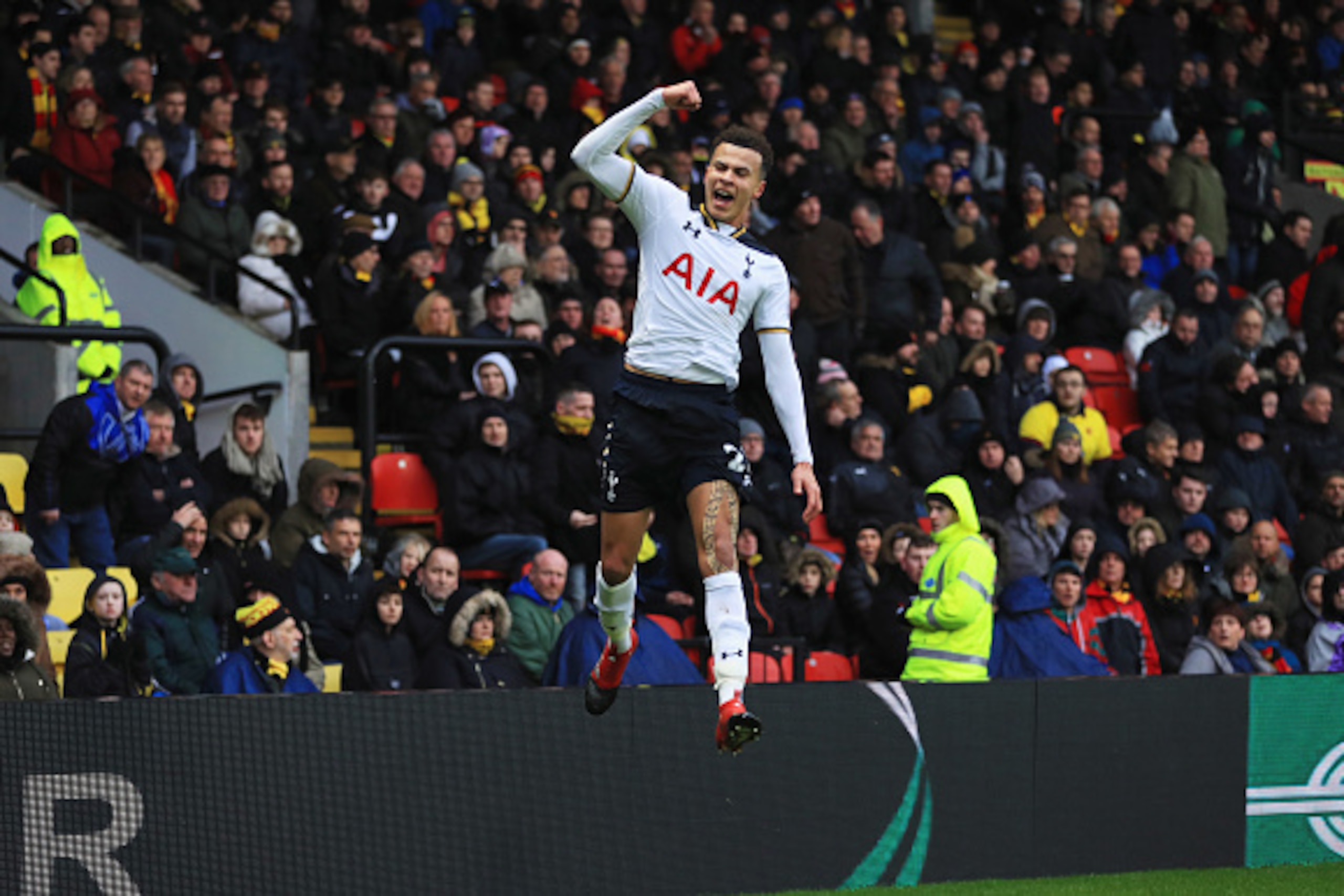 WATFORD, ENGLAND - JANUARY 01:  Dele Alli of Tottenham Hotspur celebrates as he scores their third goal during the Premier League match between Watford and Tottenham Hotspur at Vicarage Road on January 1, 2017 in Watford, England.  (Photo by Richard Heath