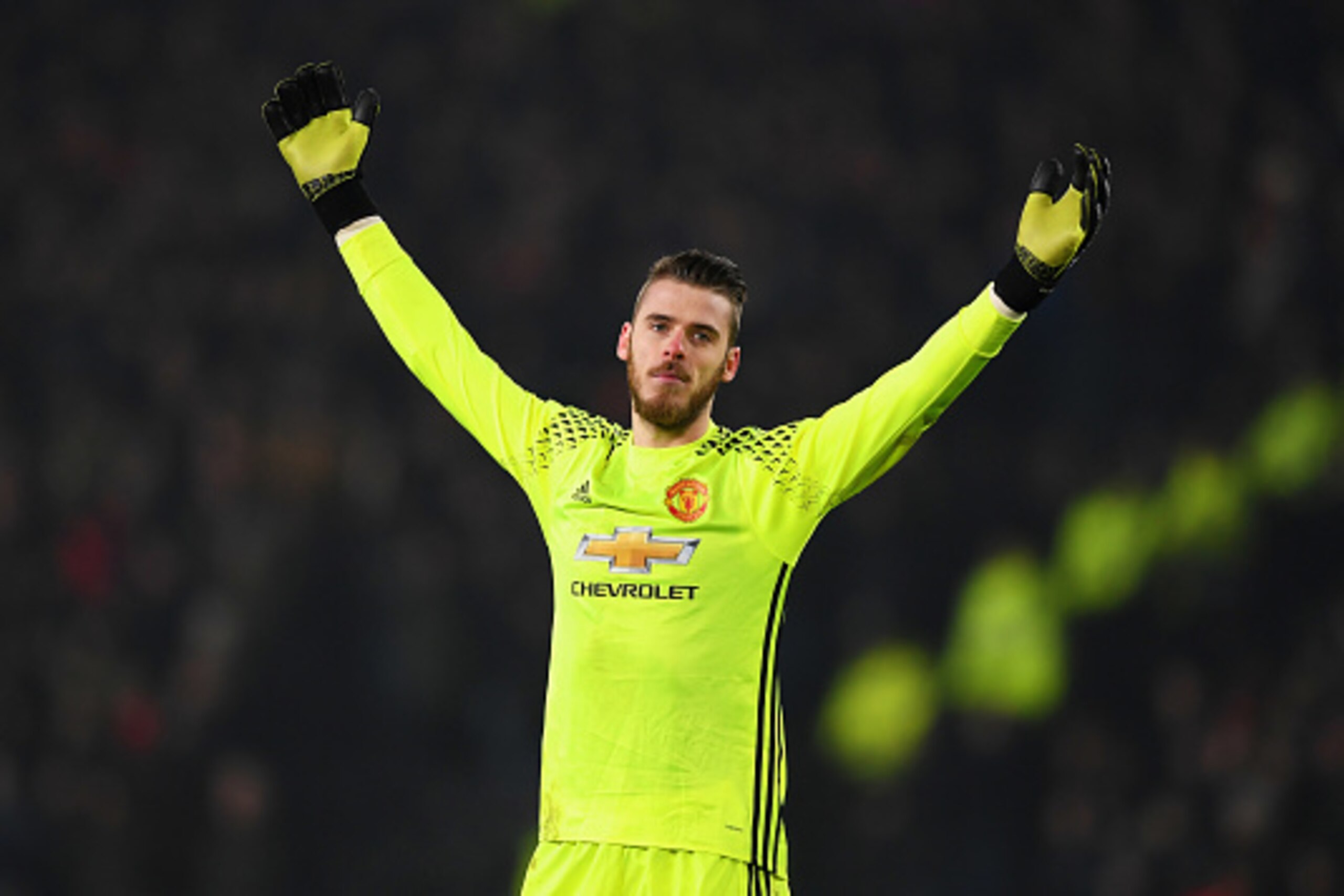 HULL, ENGLAND - JANUARY 26:  David De Gea of Manchester United reacts during the EFL Cup Semi-Final second leg match between Hull City and Manchester United at KCOM Stadium on January 26, 2017 in Hull, England.  (Photo by Gareth Copley/Getty Images)
