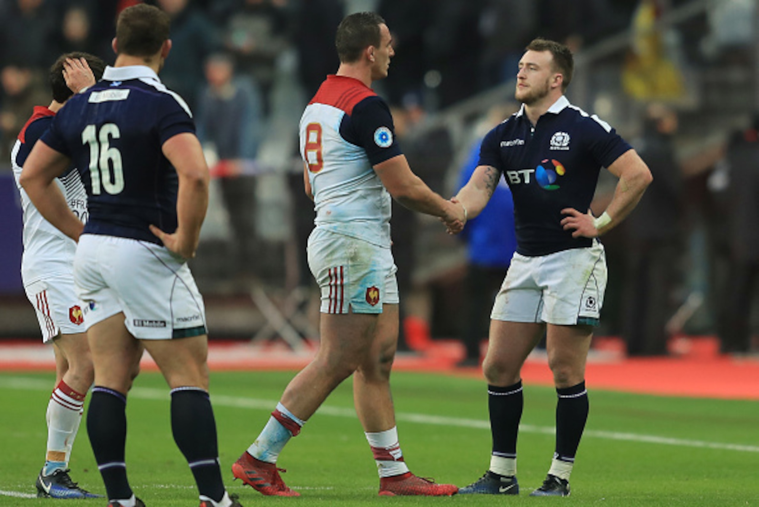 PARIS, FRANCE - FEBRUARY 12:  Louis Picamoles of France shakes hands with Stuart Hogg of Scotland following France's 22-16 victory during the RBS Six Nations match between France and Scotland at Stade de France on February 12, 2017 in Paris, France.  (Pho