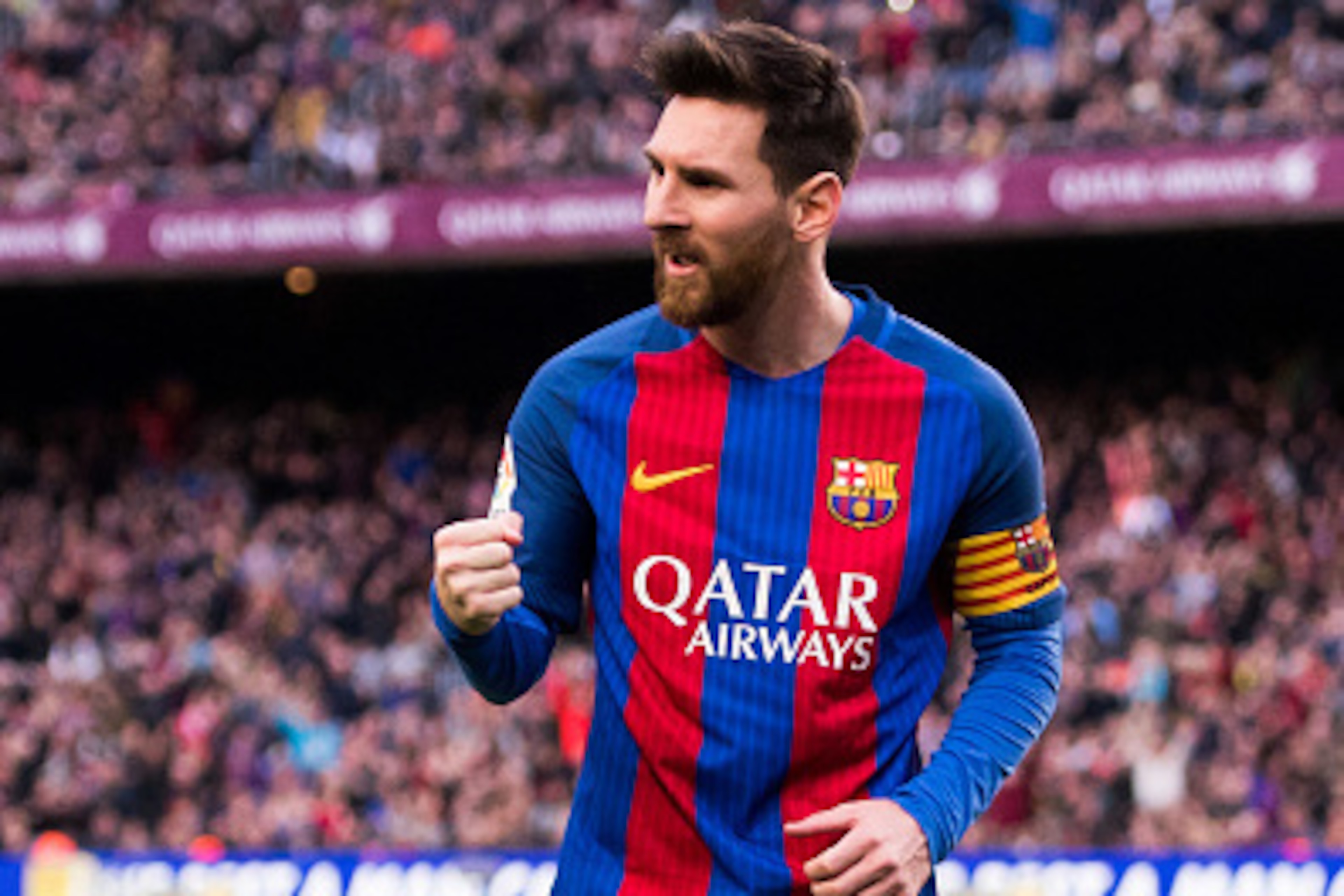BARCELONA, SPAIN - FEBRUARY 04: Lionel Messi (R) of FC Barcelona celebrates after scoring his team's second goal during the La Liga match between FC Barcelona and Athletic Club at Camp Nou  stadium on February 4, 2017 in Barcelona, Spain. (Photo by Alex C