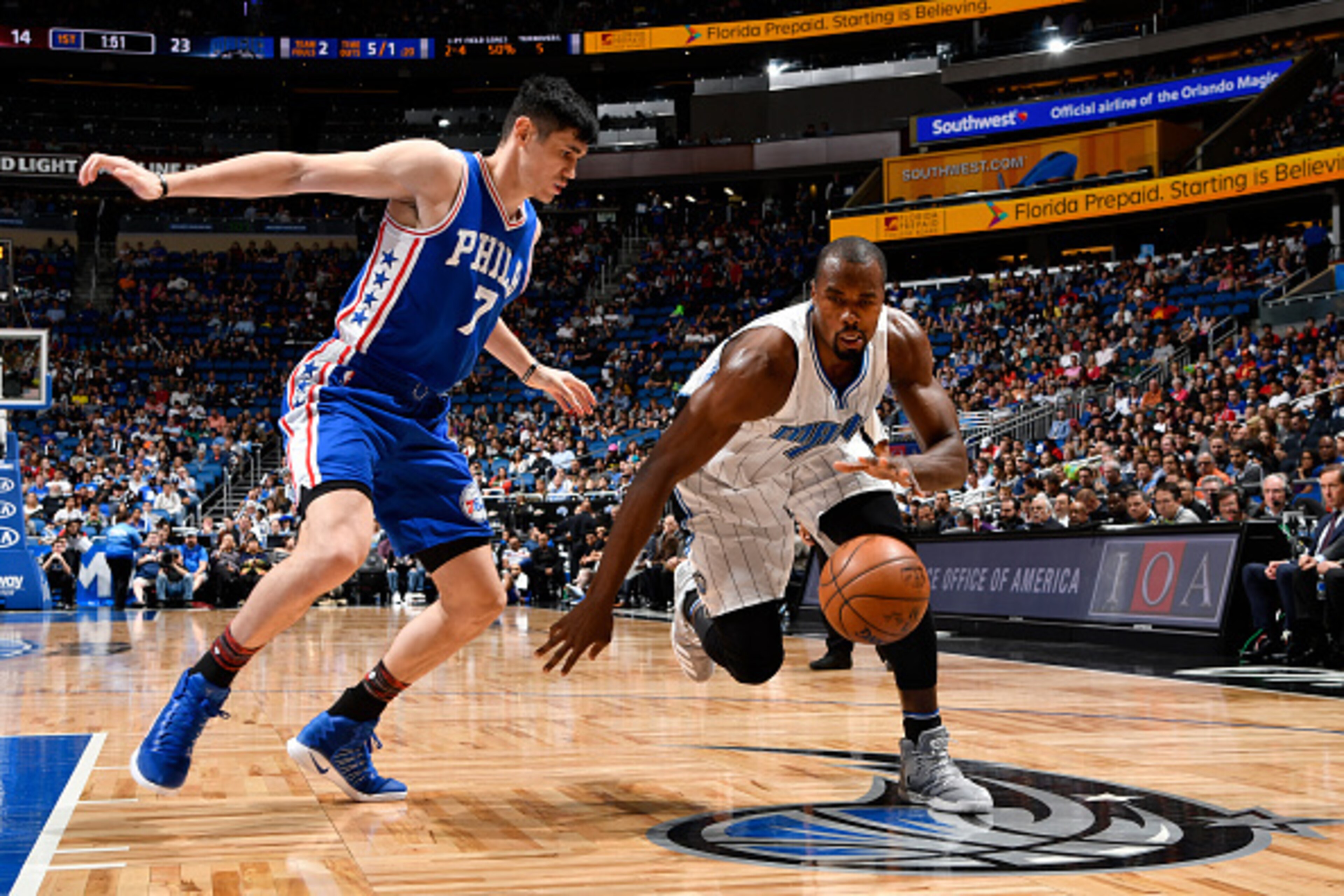ORLANDO, FL - FEBRUARY 9:  Serge Ibaka #7 of the Orlando Magic handles the ball against Ersan Ilyasova #7 of the Philadelphia 76ers during a game on February 9, 2017 at Amway Center in Orlando, Florida. NOTE TO USER: User expressly acknowledges and agrees