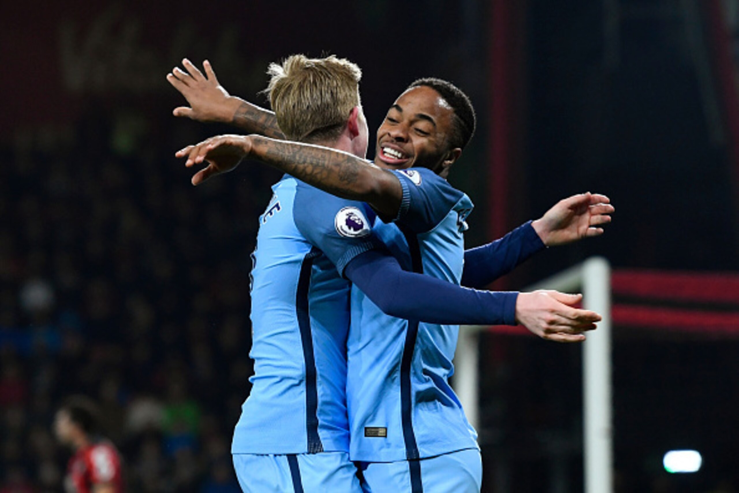 BOURNEMOUTH, ENGLAND - FEBRUARY 13:  Raheem Sterling of Manchester City celebrates with Kevin De Bruyne after scoring the opening goal during the Premier League match between AFC Bournemouth and Manchester City at Vitality Stadium on February 13, 2017 in 