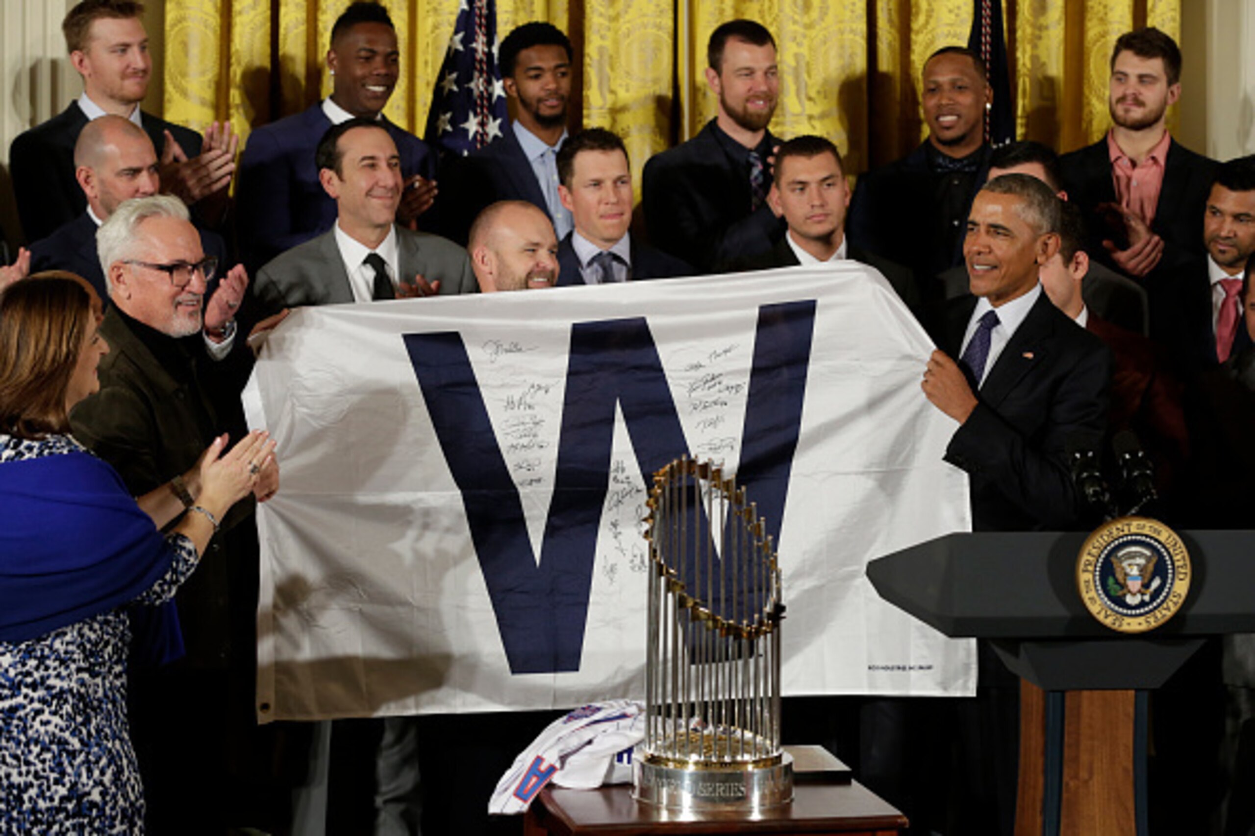 US President Barack Obama welcomes the World Champion Chicago Cubs baseball team to the White House in Washington, DC on January 16, 2017.  / AFP / YURI GRIPAS        (Photo credit should read YURI GRIPAS/AFP/Getty Images)