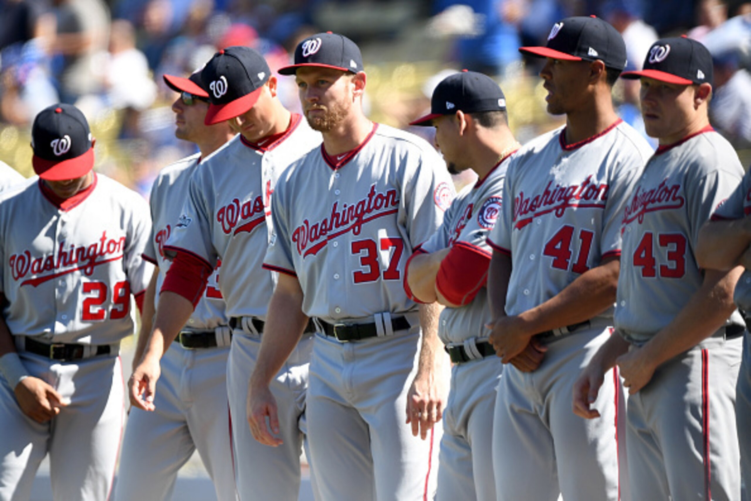 LOS ANGELES, CA - OCTOBER 10:  Pitcher Stephen Strasburg #37 of the Washington Nationals looks on during player introductions against the Los Angeles Dodgers in game three of the National League Division Series at Dodger Stadium on October 10, 2016 in Los