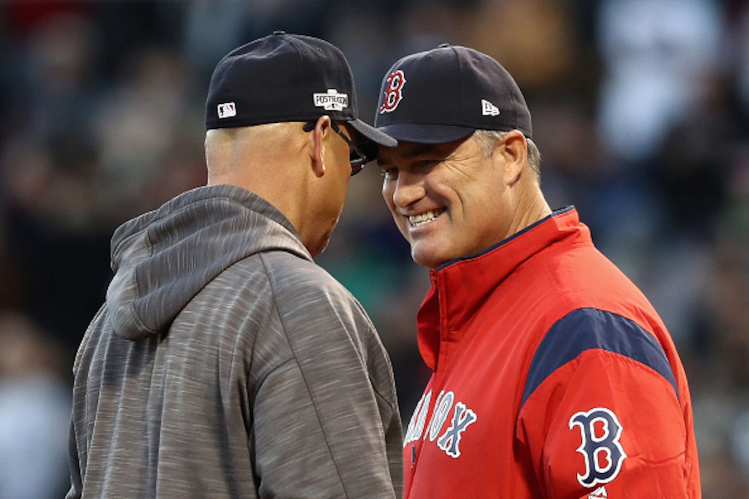 BOSTON, MA - OCTOBER 10:  Manager John Farrell of the Boston Red Sox (R) talks with manager Terry Francona of the Cleveland Indians prior to game three of the American League Divison Series at Fenway Park on October 10, 2016 in Boston, Massachusetts.  (Ph