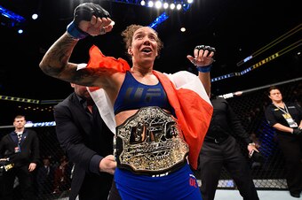 BROOKLYN, NEW YORK - FEBRUARY 11:  Germaine de Randamie of The Netherlands celebrates her victory over Holly Holm in their women's featherweight championship bout during the UFC 208 event inside Barclays Center on February 11, 2017 in Brooklyn, New York. 