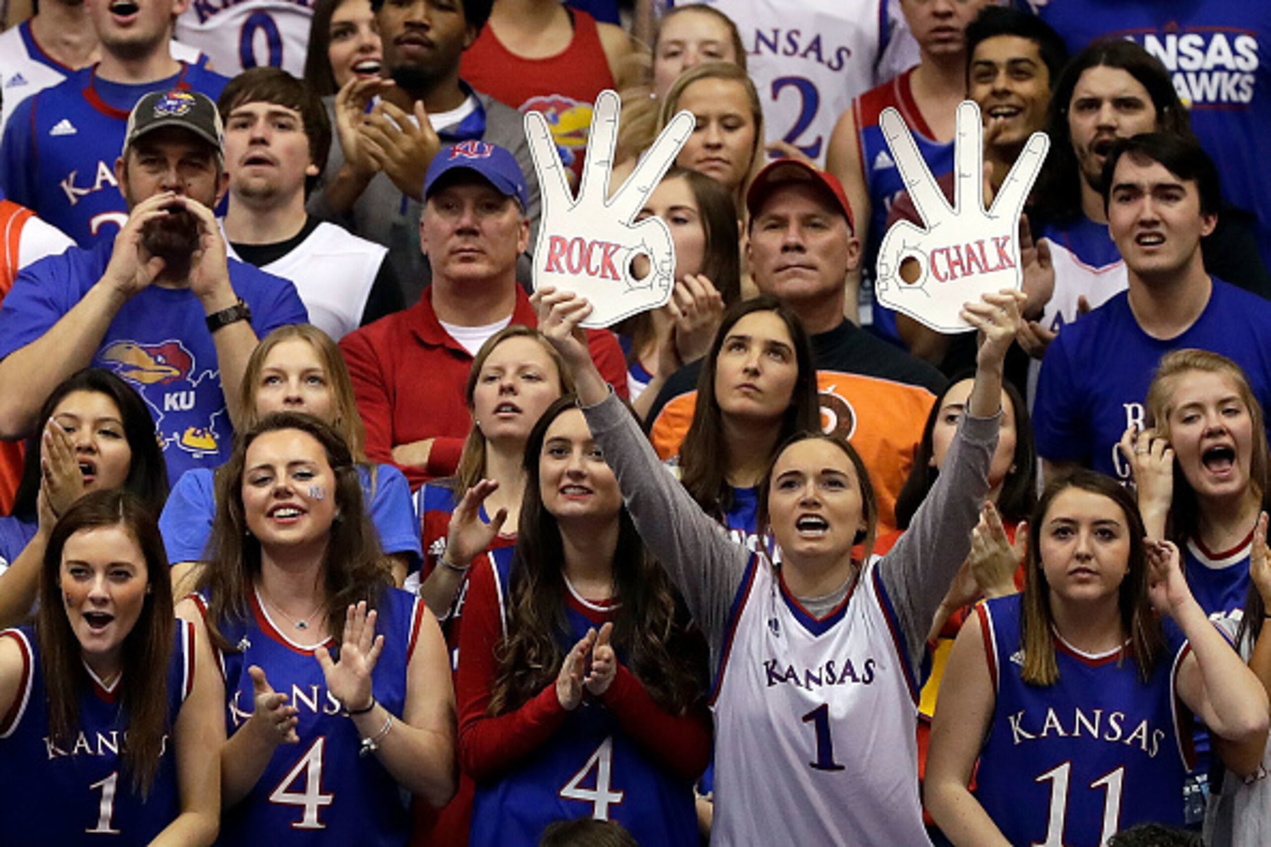 LAWRENCE, KS - FEBRUARY 13: Kansas Jayhawks fans cheer during the game against the West Virginia Mountaineers at Allen Fieldhouse on February 13, 2017 in Lawrence, Kansas. (Photo by Jamie Squire/Getty Images) LAWRENCE, KS - FEBRUARY 13: Kansas Jayhawks fans cheer during the game against the West Virginia Mountaineers at Allen Fieldhouse on February 13, 2017 in Lawrence, Kansas. (Photo by Jamie Squire/Getty Images)