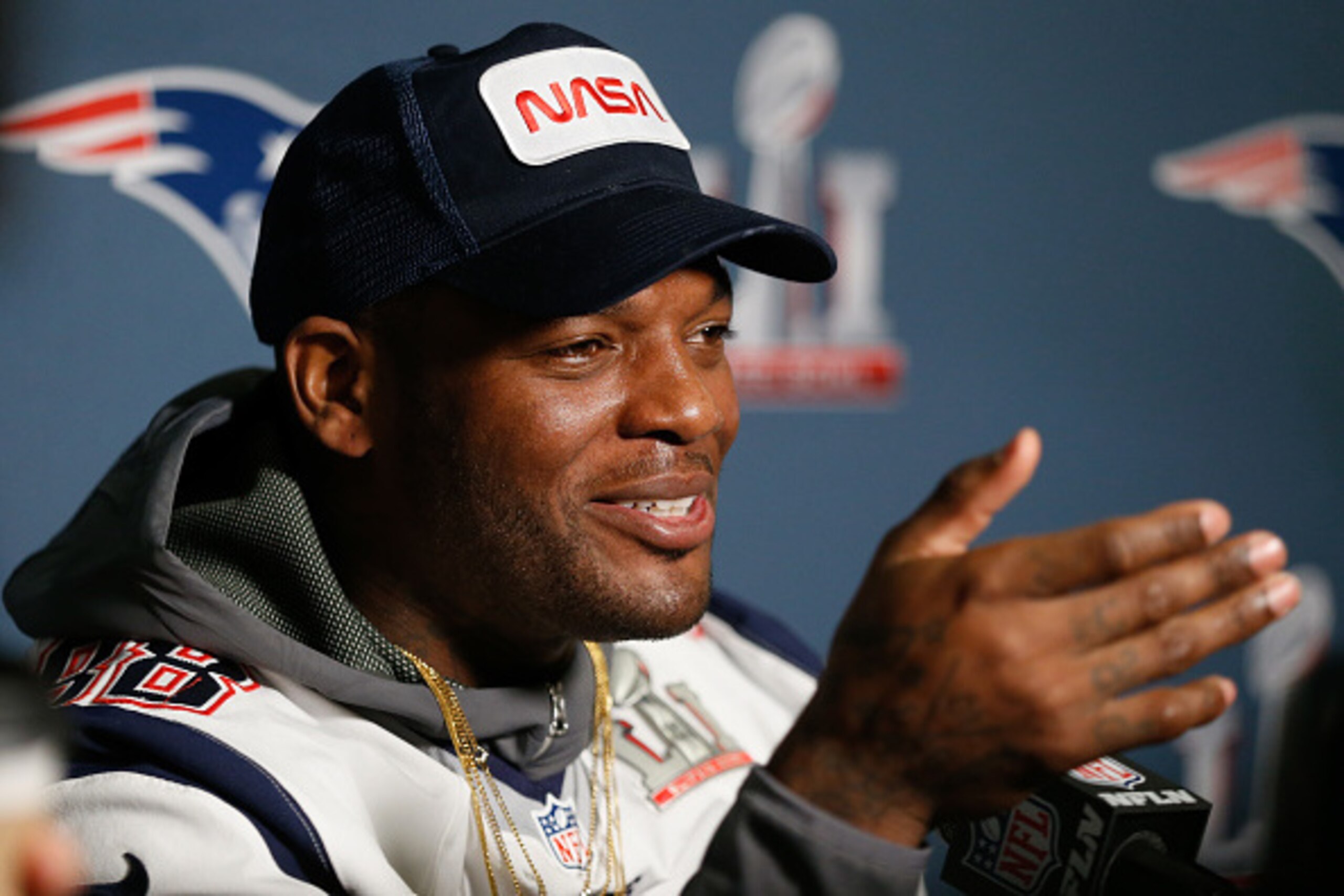 HOUSTON, TX - FEBRUARY 01:  Martellus Bennett #88 of the New England Patriots answers questions during Super Bowl LI media availability at the J.W. Marriott on February 1, 2017 in Houston, Texas.  (Photo by Bob Levey/Getty Images)