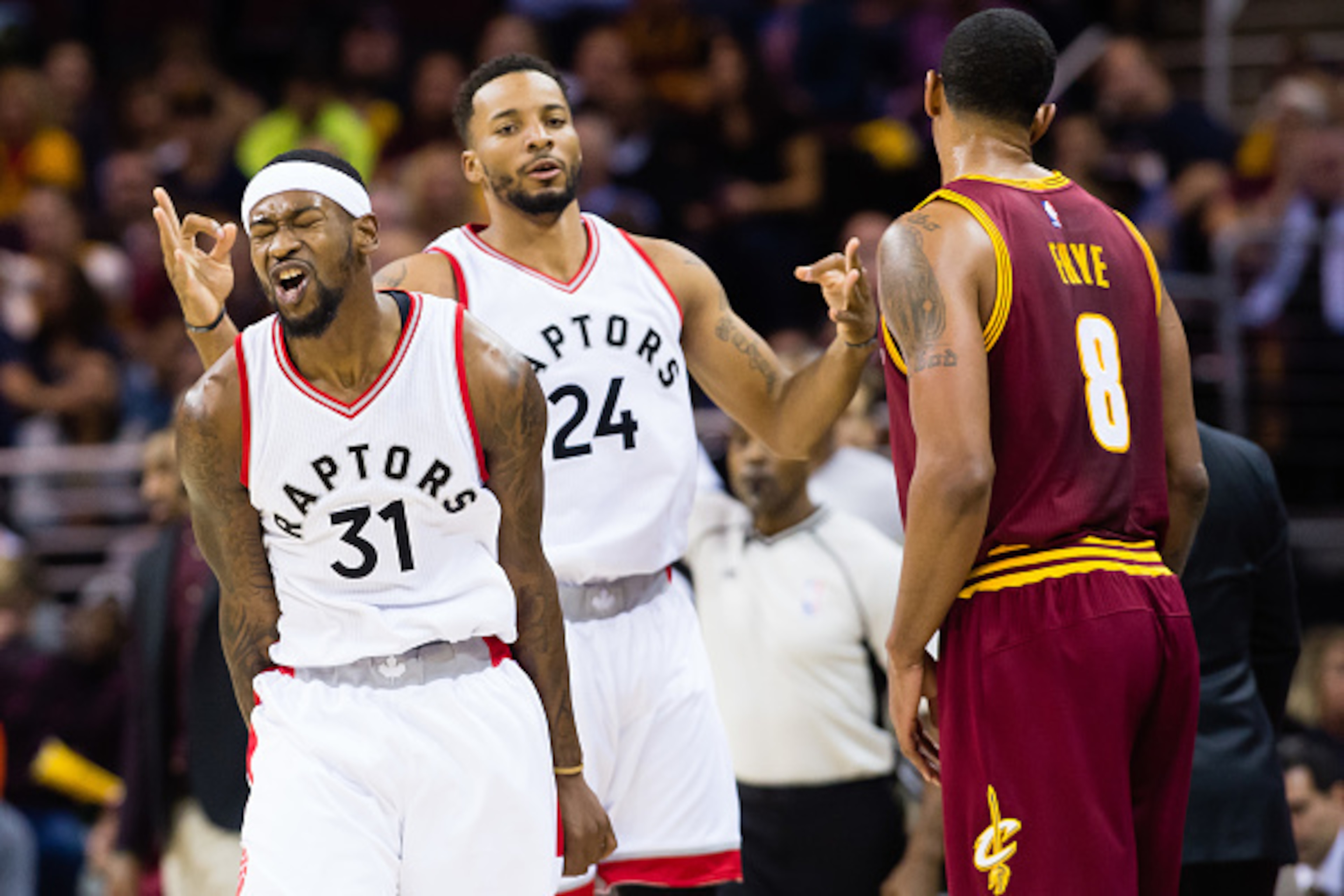 CLEVELAND, OH - NOVEMBER 15: Terrence Ross #31 and Norman Powell #24 of the Toronto Raptors celebrate after Ross hit a three to take the lead during the second half against the Cleveland Cavaliers at Quicken Loans Arena on November 15, 2016 in Cleveland, CLEVELAND, OH - NOVEMBER 15: Terrence Ross #31 and Norman Powell #24 of the Toronto Raptors celebrate after Ross hit a three to take the lead during the second half against the Cleveland Cavaliers at Quicken Loans Arena on November 15, 2016 in Cleveland,