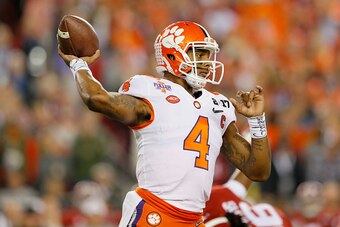 TAMPA, FL - JANUARY 09:  Quarterback Deshaun Watson #4 of the Clemson Tigers throws a pass during the first half against the Alabama Crimson Tide in the 2017 College Football Playoff National Championship Game at Raymond James Stadium on January 9, 2017 i