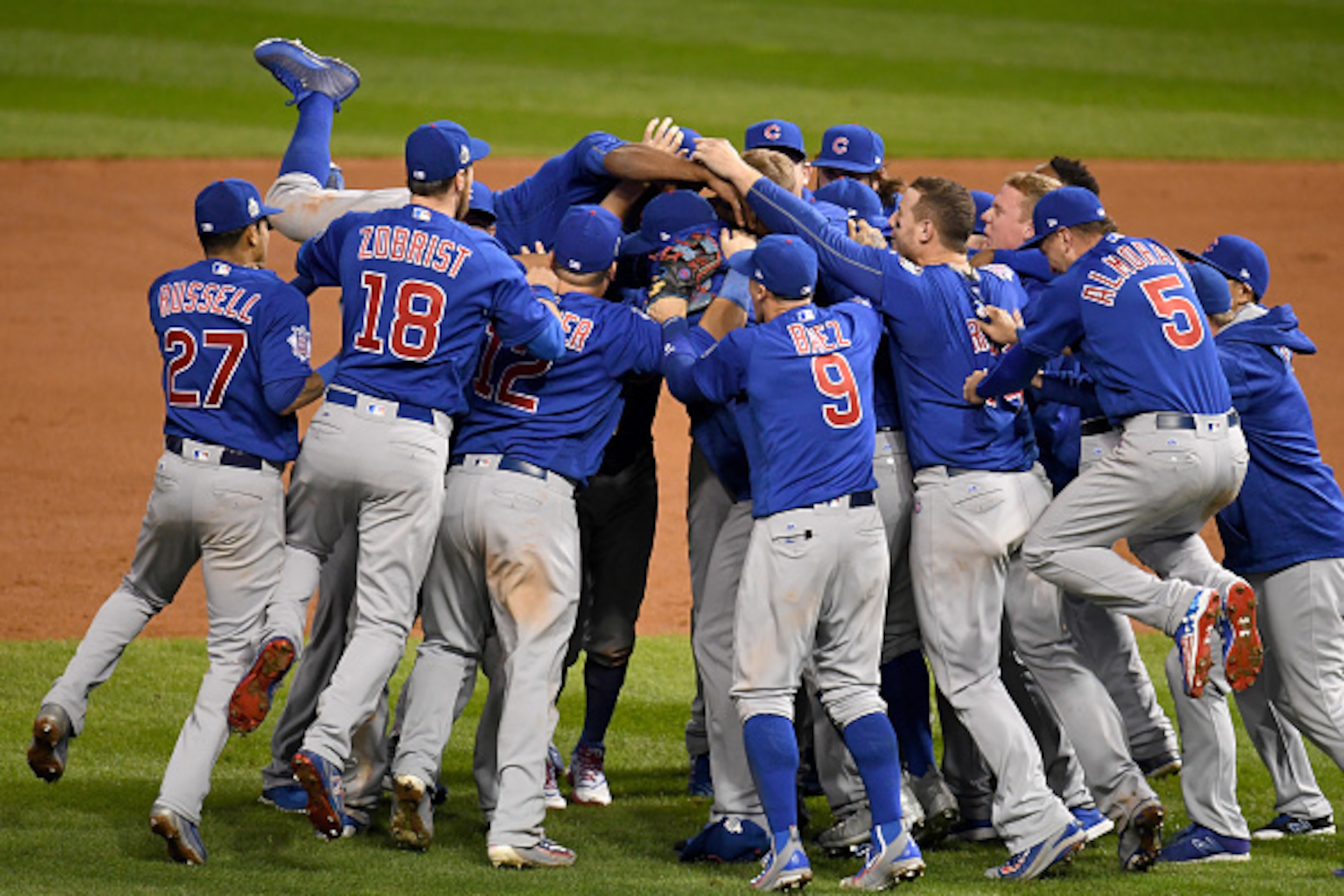 CLEVELAND, OH - NOVEMBER 02: The Chicago Cubs celebrate after defeating the Cleveland Indians 8-7 in Game Seven of the 2016 World Series at Progressive Field on November 2, 2016 in Cleveland, Ohio. The Cubs win their first World Series in 108 years. (Ph CLEVELAND, OH - NOVEMBER 02: The Chicago Cubs celebrate after defeating the Cleveland Indians 8-7 in Game Seven of the 2016 World Series at Progressive Field on November 2, 2016 in Cleveland, Ohio. The Cubs win their first World Series in 108 years. (Ph