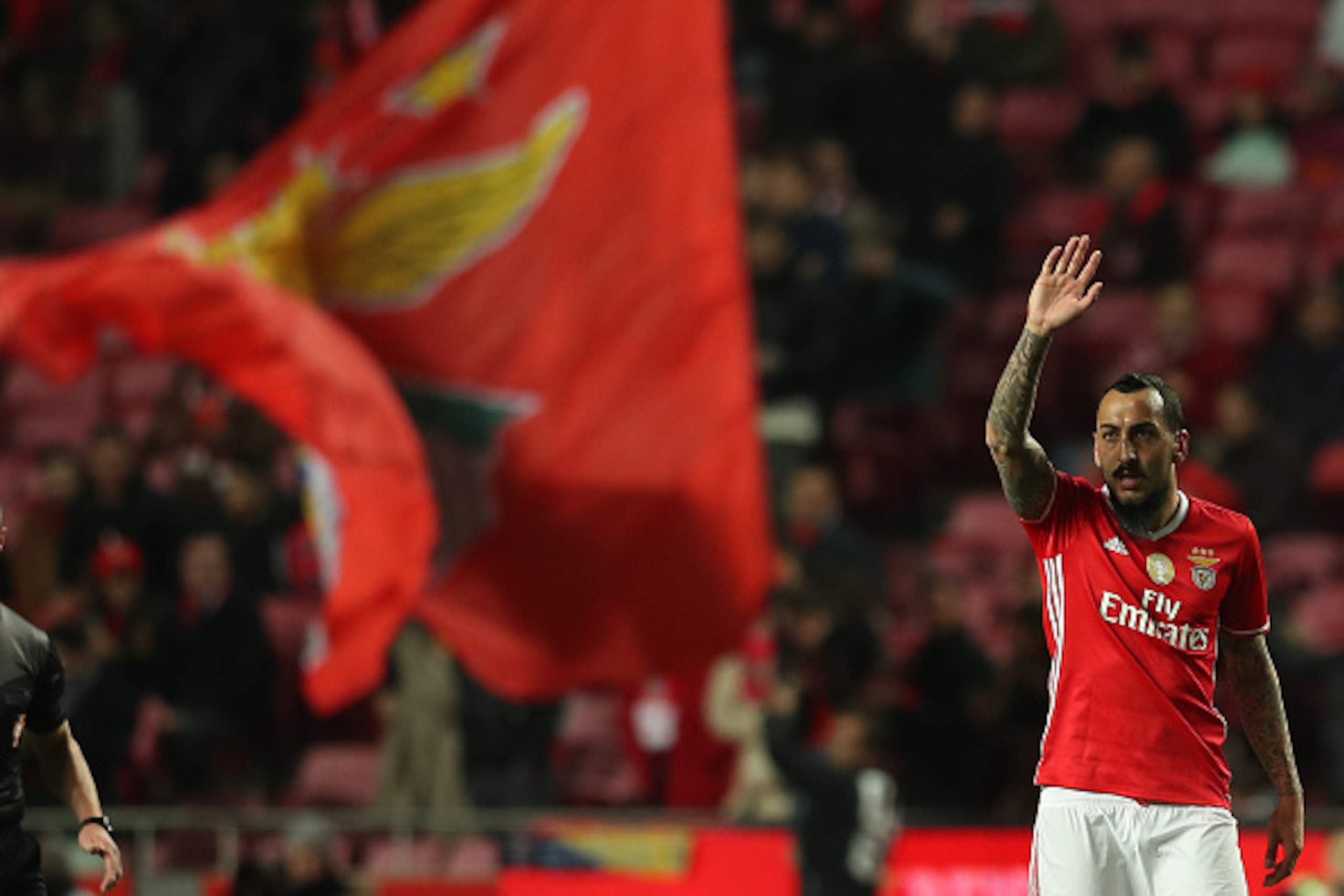 LISBON, PORTUGAL - FEBRUARY 10: Benfica's forward Kostas Mitroglou from Greece celebrates scoring Benfica first goal during the match between SL Benfica and FC Arouca for the Portuguese Primeira Liga at Estadio da Luz on February 10, 2017 in Lisbon, Portu