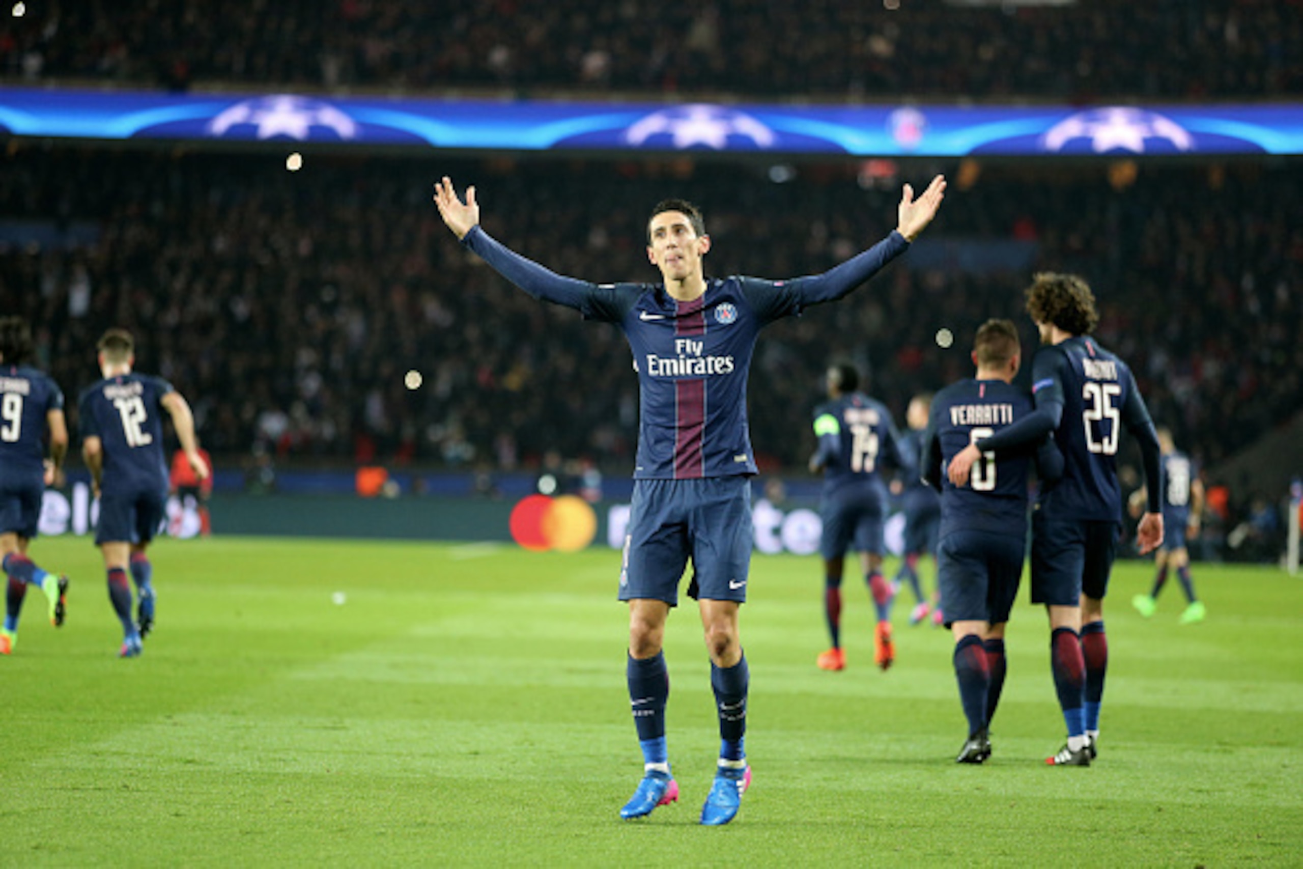 PARIS, FRANCE - FEBRUARY 14: Angel Di Maria of Paris Saint-Germain celebrates his goal during the UEFA Champions League Round of 16 first leg match between Paris Saint-Germain and FC Barcelona at Parc des Princes on February 14, 2017 in Paris, France.  (P