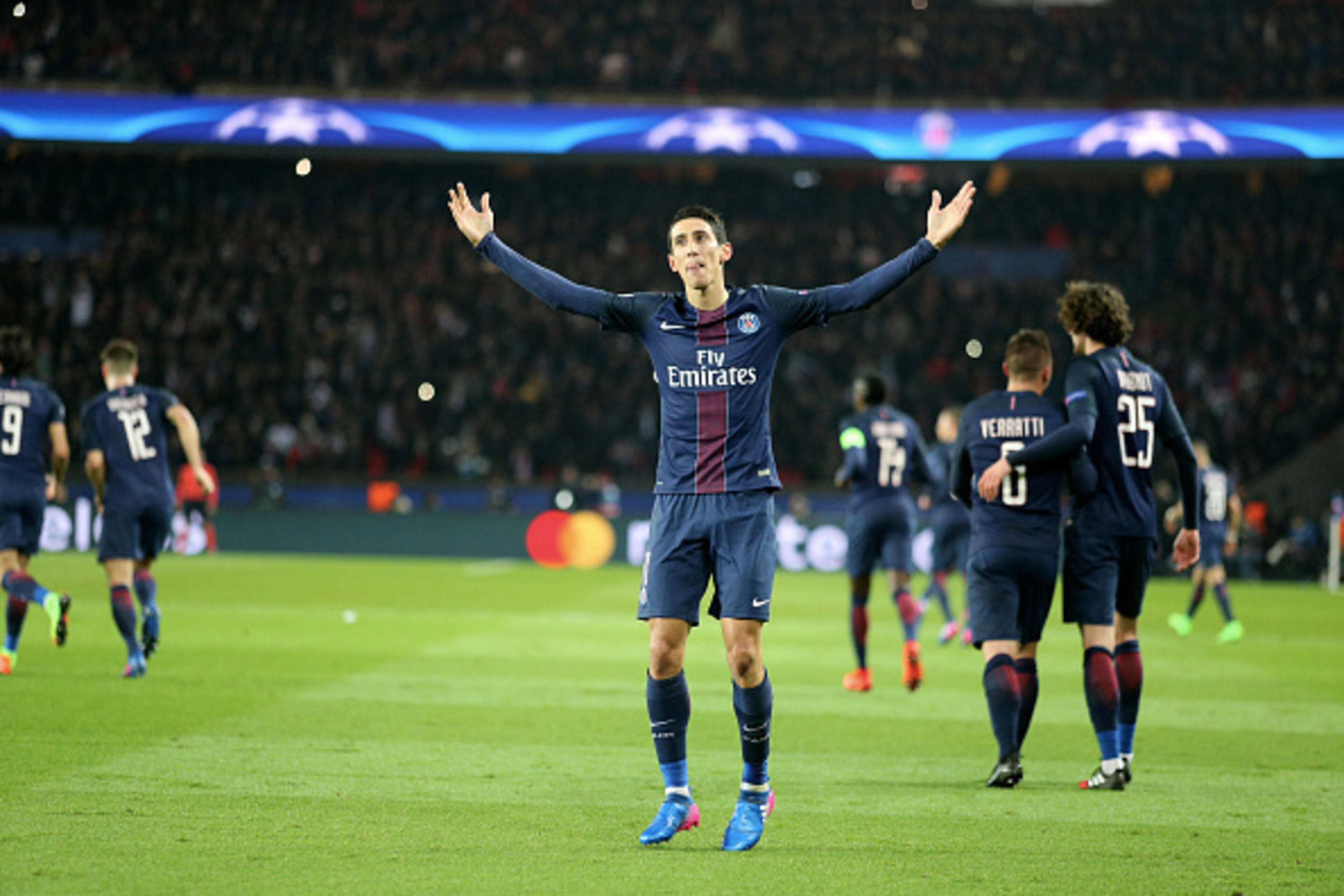 PARIS, FRANCE - FEBRUARY 14: Angel Di Maria of Paris Saint-Germain celebrates his goal during the UEFA Champions League Round of 16 first leg match between Paris Saint-Germain and FC Barcelona at Parc des Princes on February 14, 2017 in Paris, France.  (P