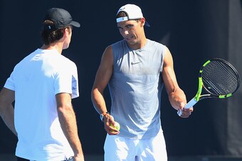 MELBOURNE, AUSTRALIA - JANUARY 10:  Rafael Nadal of Spain talks to coach Carlos Moya during a practice session ahead of the 2017 Australian Open at Melbourne Park on January 10, 2017 in Melbourne, Australia.  (Photo by Michael Dodge/Getty Images)