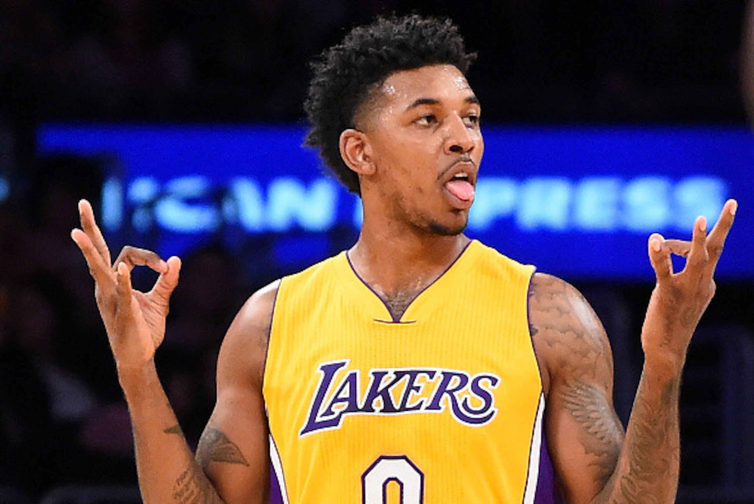 LOS ANGELES, CA - FEBRUARY 14:   Nick Young #0 of the Los Angeles Lakers gestures after a three-point basket in the first half of the game against the Sacramento Kings at Staples Center on February 14, 2017 in Los Angeles, California. NOTE TO USER: User e