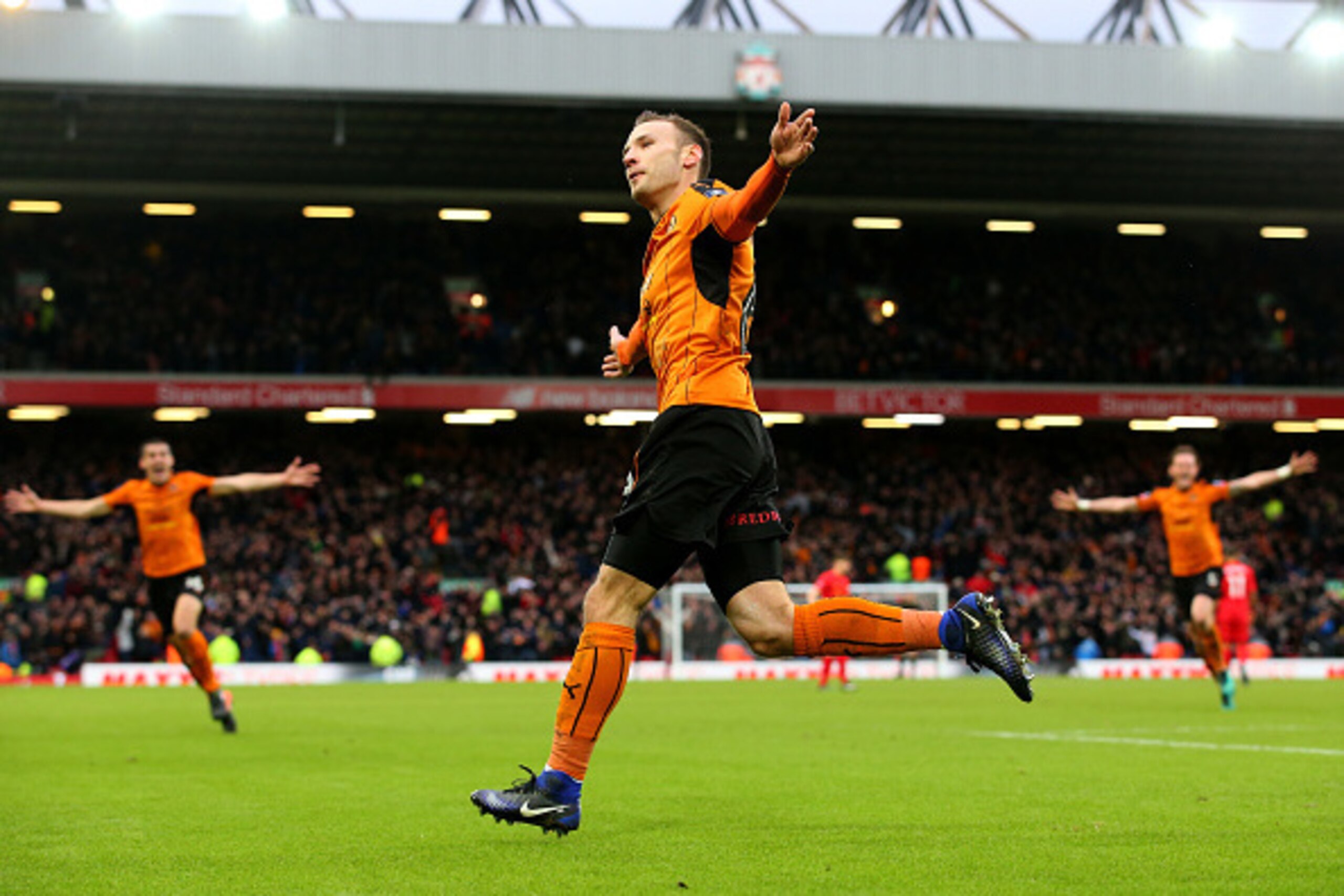 LIVERPOOL, ENGLAND - JANUARY 28: Andreas Weimann of Wolverhampton Wanderers celebrates after scoring his sides second goal during the Emirates FA Cup Fourth Round match between Liverpool and Wolverhampton Wanderers at Anfield on January 28, 2017 in Liver LIVERPOOL, ENGLAND - JANUARY 28: Andreas Weimann of Wolverhampton Wanderers celebrates after scoring his sides second goal during the Emirates FA Cup Fourth Round match between Liverpool and Wolverhampton Wanderers at Anfield on January 28, 2017 in Liver