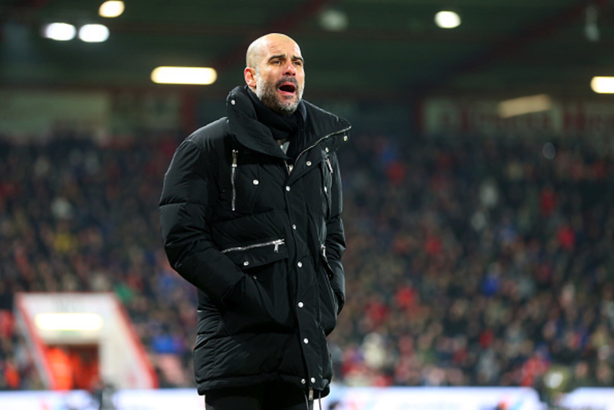 BOURNEMOUTH, ENGLAND - FEBRUARY 13: Pep Guardiola the manager of Manchester City reacts during the Premier League match between AFC Bournemouth and Manchester City at Vitality Stadium on February 13, 2017 in Bournemouth, England. (Photo by Catherine Ivill