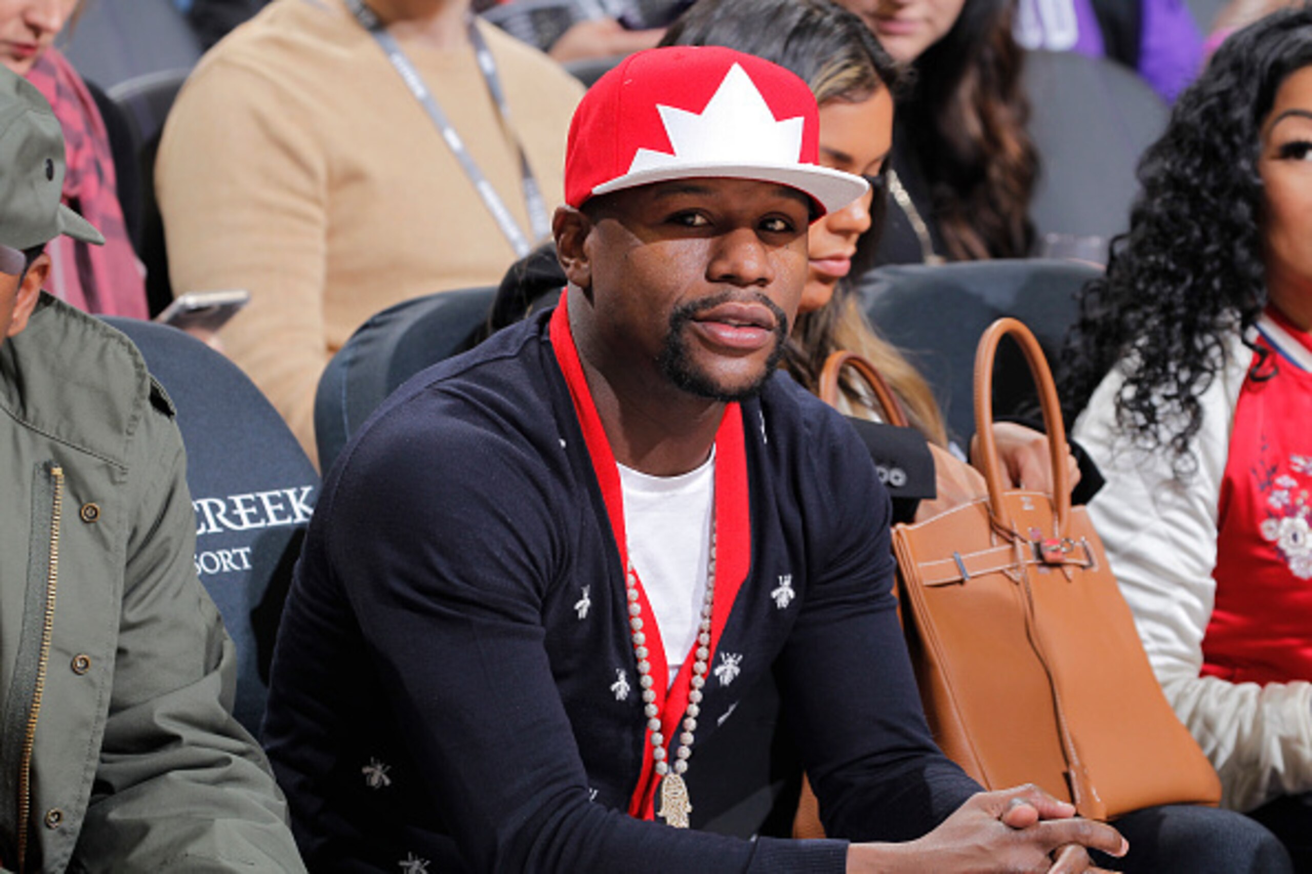 SACRAMENTO, CA - FEBRUARY 8: American boxer Floyd Mayweather attends the game between the Boston Celtics and Sacramento Kings on February 8, 2017 at Golden 1 Center in Sacramento, California. NOTE TO USER: User expressly acknowledges and agrees that, by d