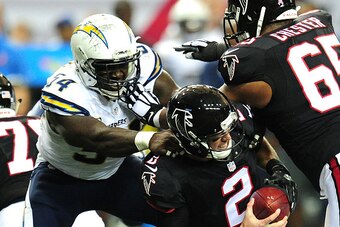 ATLANTA, GA - OCTOBER 23: Matt Ryan #2 of the Atlanta Falcons is sacked by Melvin Ingram #54 of the San Diego Chargers at the Georgia Dome on October 23, 2016 in Atlanta, Georgia. (Photo by Scott Cunningham/Getty Images)