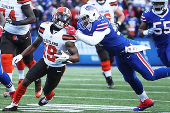 ORCHARD PARK, NY - DECEMBER 18:   Corey Coleman #19 of the Cleveland Browns us tackled by  Lorenzo Alexander #57 of the Buffalo Bills during the first half at New Era Field on December 18, 2016 in Orchard Park, New York.  (Photo by Tom Szczerbowski/Getty 