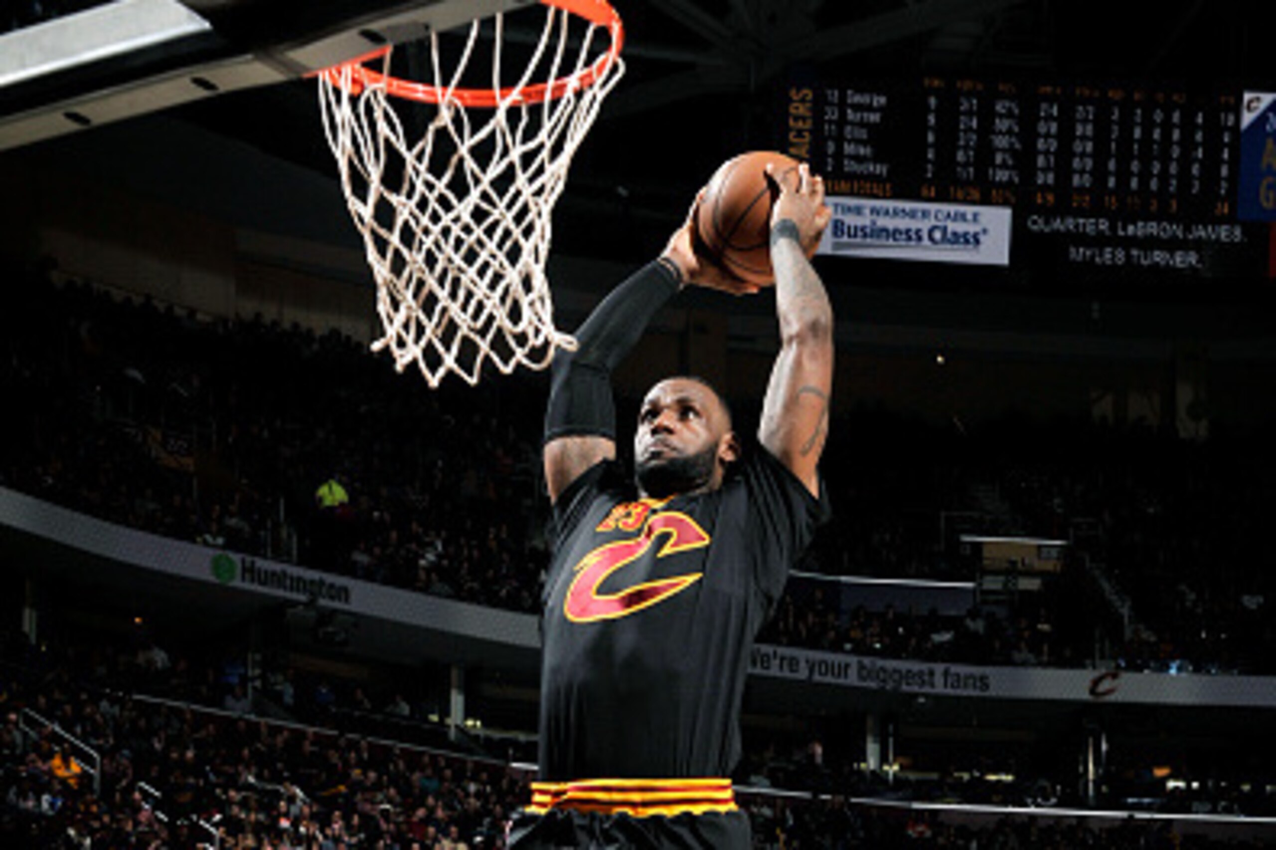 CLEVELAND, OH - FEBRUARY 15: LeBron James #23 of the Cleveland Cavaliers goes for the dunk during the game against the Indiana Pacers on February 15, 2017 at Quicken Loans Arena in Cleveland, Ohio.  NOTE TO USER: User expressly acknowledges and agrees tha