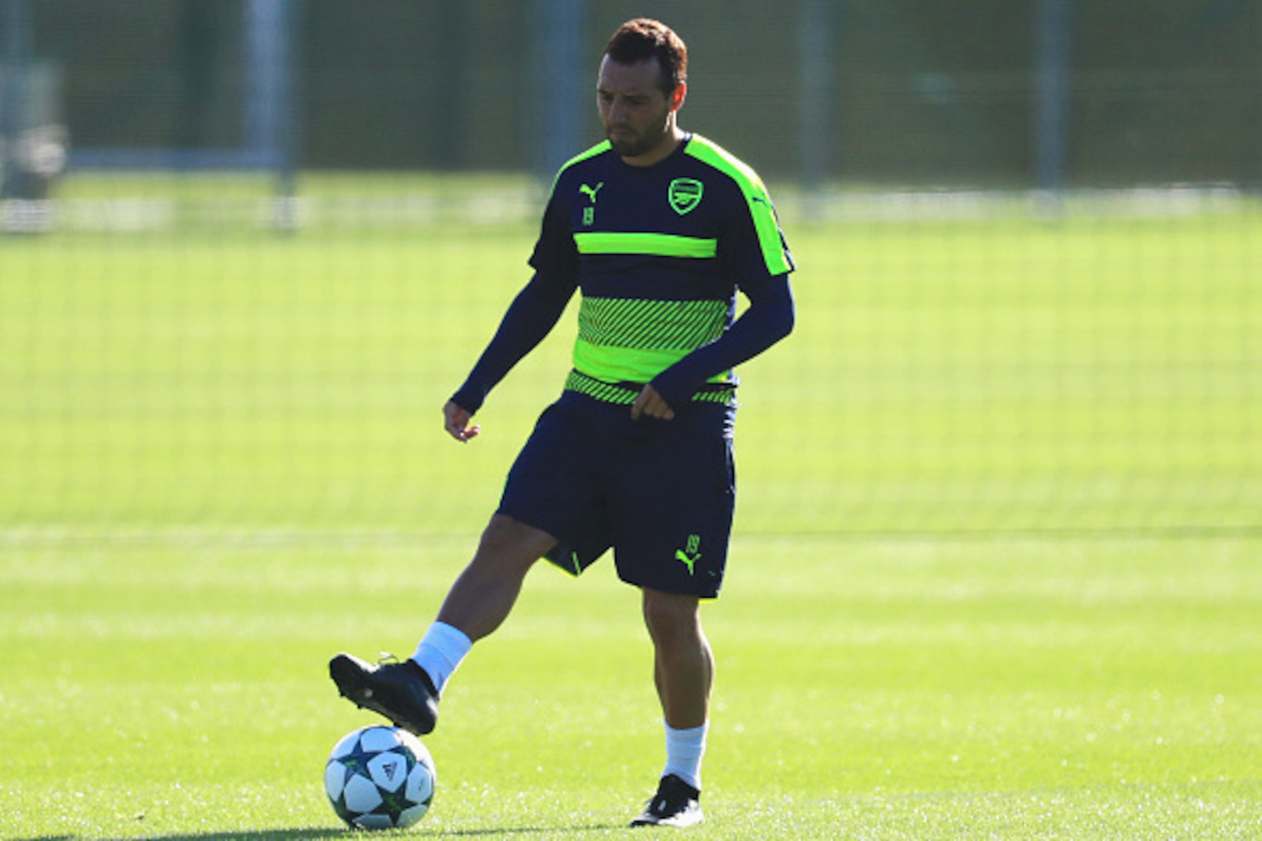 ST ALBANS, ENGLAND - OCTOBER 18:  Santi Cazorla of Arsenal in action during an Arsenal training session on the eve of their UEFA Champions League Group A match against Ludogorets Razgrad at London Colney on October 18, 2016 in St Albans, England.  (Photo 