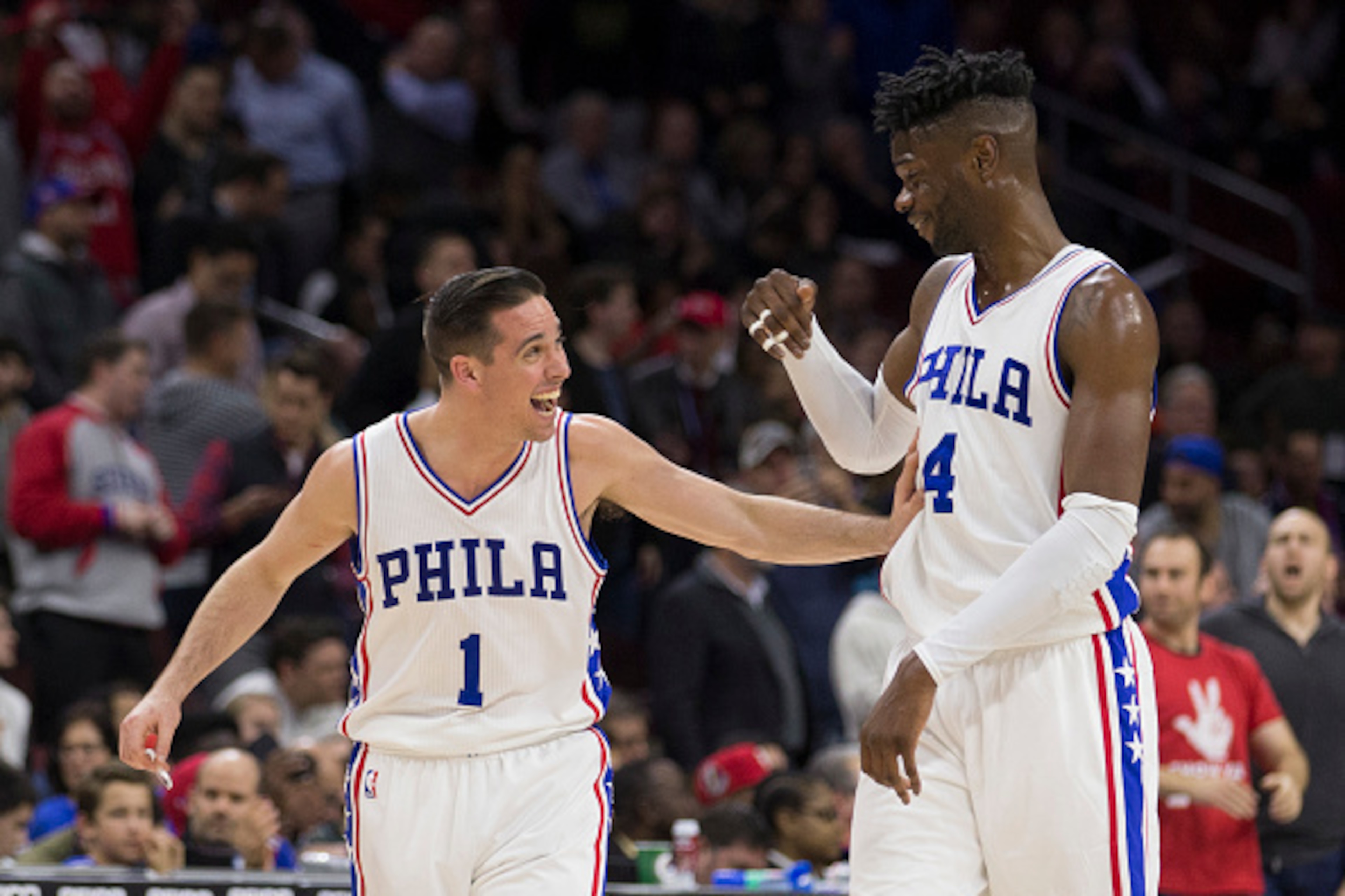 PHILADELPHIA, PA - JANUARY 24: T.J. McConnell #1 of the Philadelphia 76ers celebrates with Nerlens Noel #4 in the fourth quarter against the Los Angeles Clippers at the Wells Fargo Center on January 24, 2017 in Philadelphia, Pennsylvania. The 76ers defeat