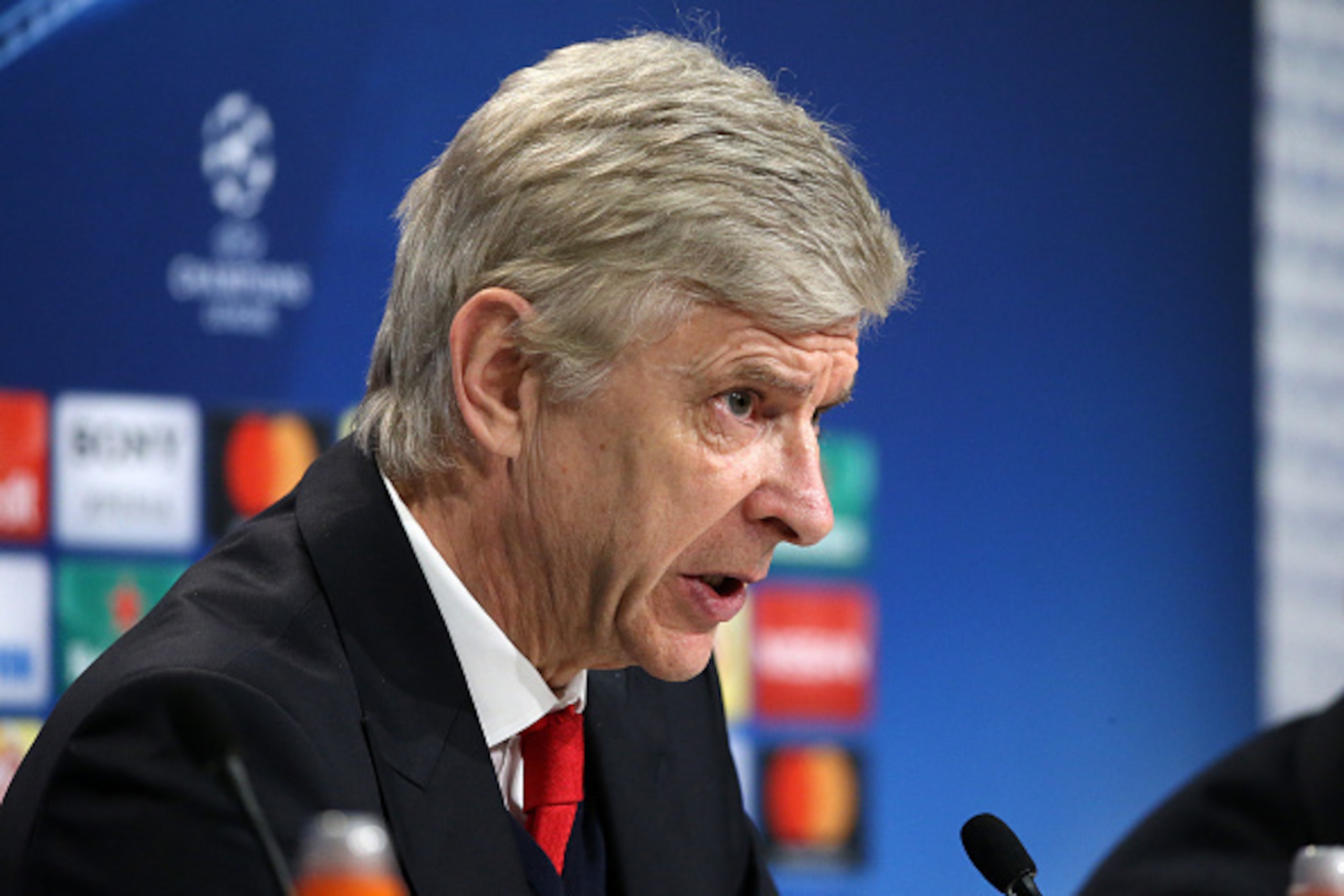 MUNICH, GERMANY - FEBRUARY 15: Manager of Arsenal Arsene Wenger answers to the media following the UEFA Champions League Round of 16 first leg match between FC Bayern Muenchen (Bayern Munich) and Arsenal FC at Allianz Arena on February 15, 2017 in Munich,