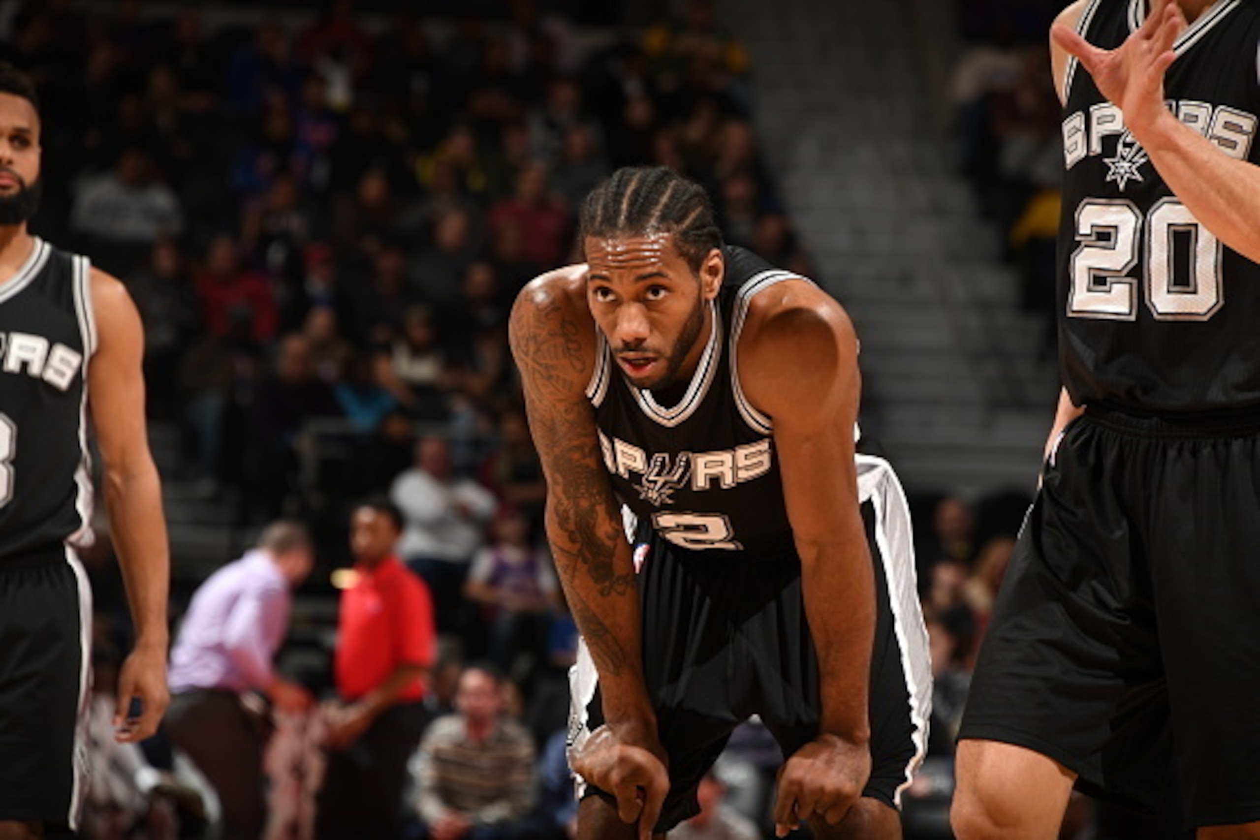 AUBURN HILLS, MI - FEBRUARY 10: Kawhi Leonard #2 of the San Antonio Spurs is seen against the Detroit Pistons on February 10, 2017 at The Palace of Auburn Hills in Auburn Hills, Michigan. NOTE TO USER: User expressly acknowledges and agrees that, by downl
