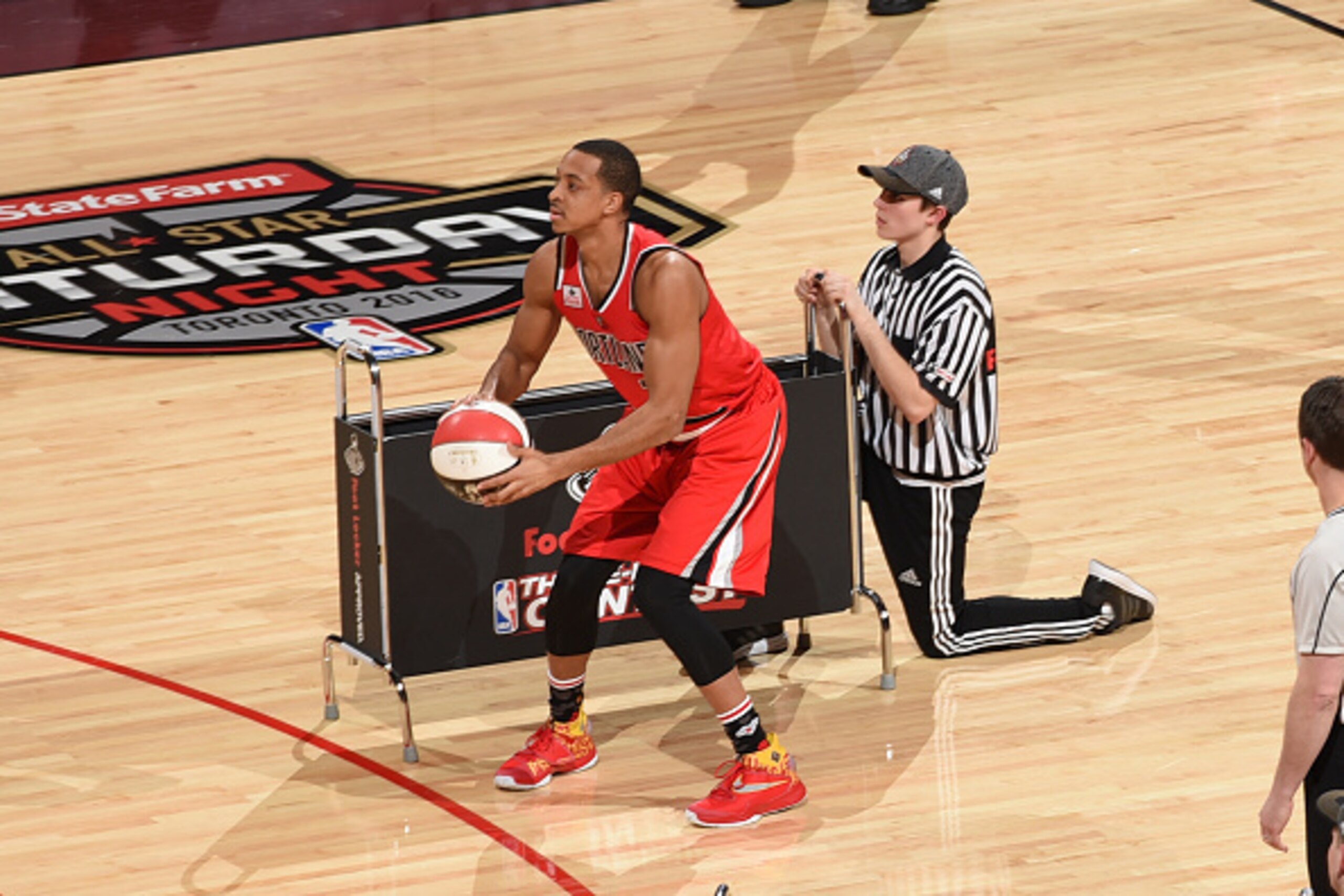 TORONTO, CANADA - FEBRUARY 13:  C.J. McCollum #3 of the Portland Trail Blazers shoots the ball during the Foot Locker Three-Point Contest as part of 2016 NBA All-Star Weekend on February 13, 2016 at the Air Canada Centre in Toronto, Ontario, Canada.  NOTE