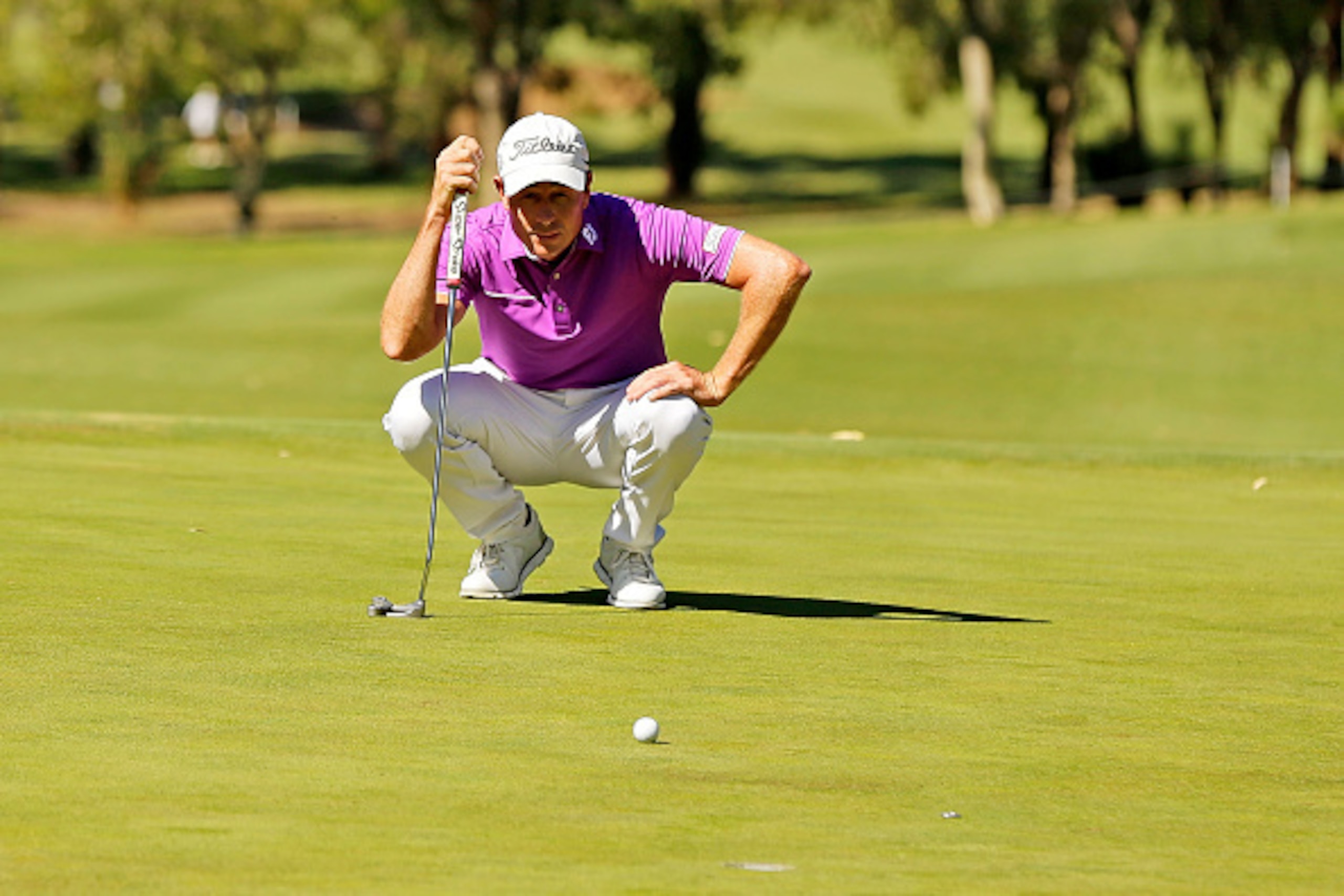 PERTH, AUSTRALIA - FEBRUARY 19:  Brett Rumford of Australia eyes up a putt during round four of the ISPS HANDA World Super 6 Perth at Lake Karrinyup Country Club on February 19, 2017 in Perth, Australia.  (Photo by Will Russell/Getty Images)