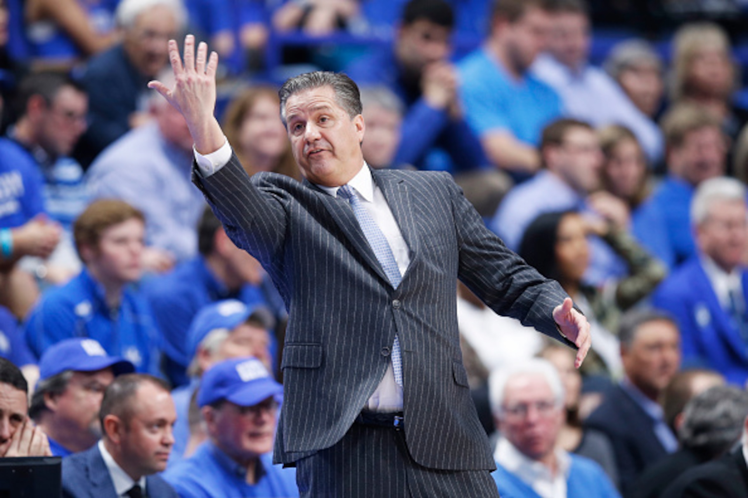 LEXINGTON, KY - FEBRUARY 07: Head coach John Calipari of the Kentucky Wildcats reacts during the game against the LSU Tigers at Rupp Arena on February 7, 2017 in Lexington, Kentucky. Kentucky defeated LSU 92-85. (Photo by Joe Robbins/Getty Images)