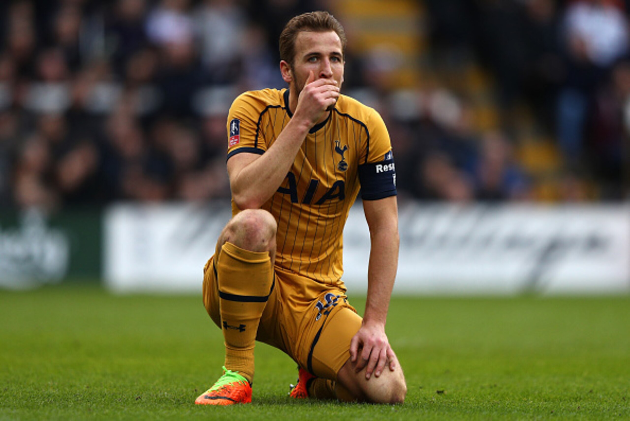 LONDON, ENGLAND - FEBRUARY 19:  Harry Kane of Tottenham Hotspur reacts uring The Emirates FA Cup Fifth Round match between Fulham and Tottenham Hotspur at Craven Cottage on February 19, 2017 in London, England.  (Photo by Ian Walton/Getty Images)